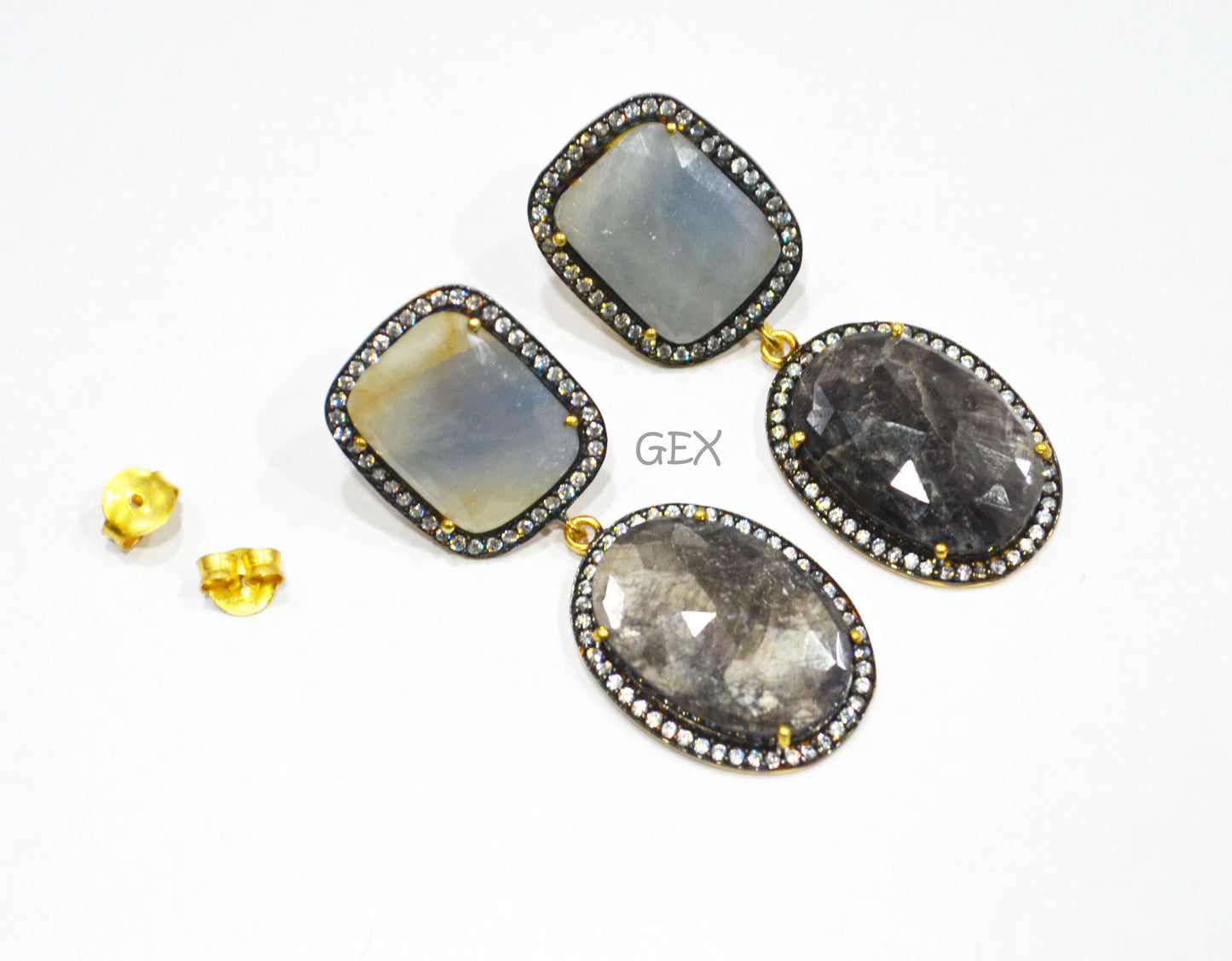 92.5 Sterling Silver Shaded Blue And Shiny Black Sapphire Faceted Fancy Shape Earring , Shaded Blue And Shiny Black Sapphire With Pave Cubic Zirconia Earring , 50 mm , E-057