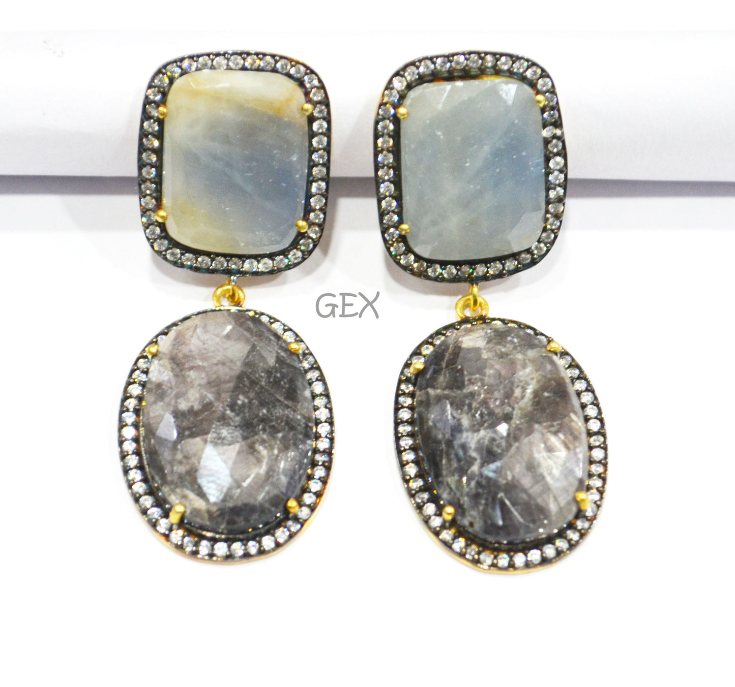 92.5 Sterling Silver Shaded Blue And Shiny Black Sapphire Faceted Fancy Shape Earring , Shaded Blue And Shiny Black Sapphire With Pave Cubic Zirconia Earring , 50 mm , E-057