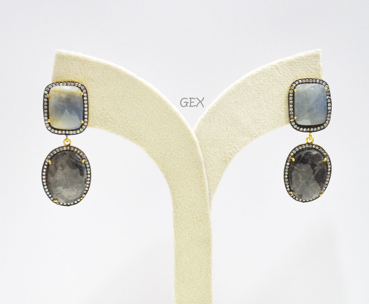 92.5 Sterling Silver Shaded Blue And Shiny Black Sapphire Faceted Fancy Shape Earring , Shaded Blue And Shiny Black Sapphire With Pave Cubic Zirconia Earring , 50 mm , E-057