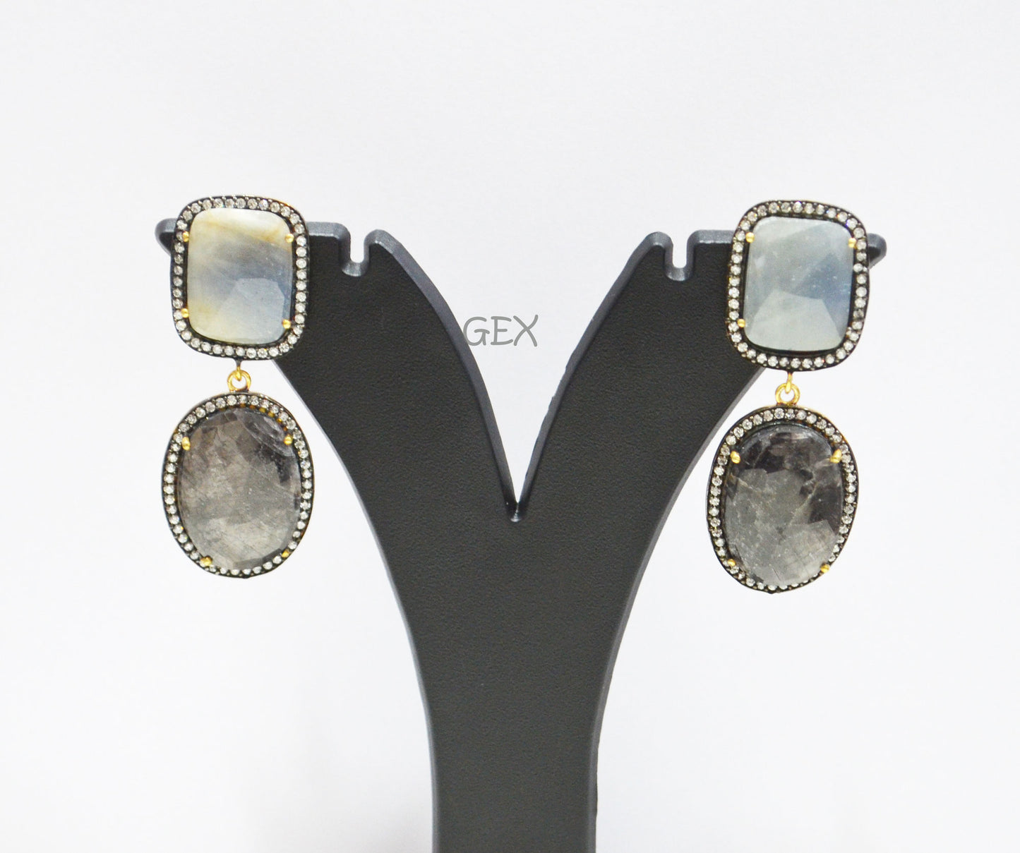 92.5 Sterling Silver Shaded Blue And Shiny Black Sapphire Faceted Fancy Shape Earring , Shaded Blue And Shiny Black Sapphire With Pave Cubic Zirconia Earring , 50 mm , E-057