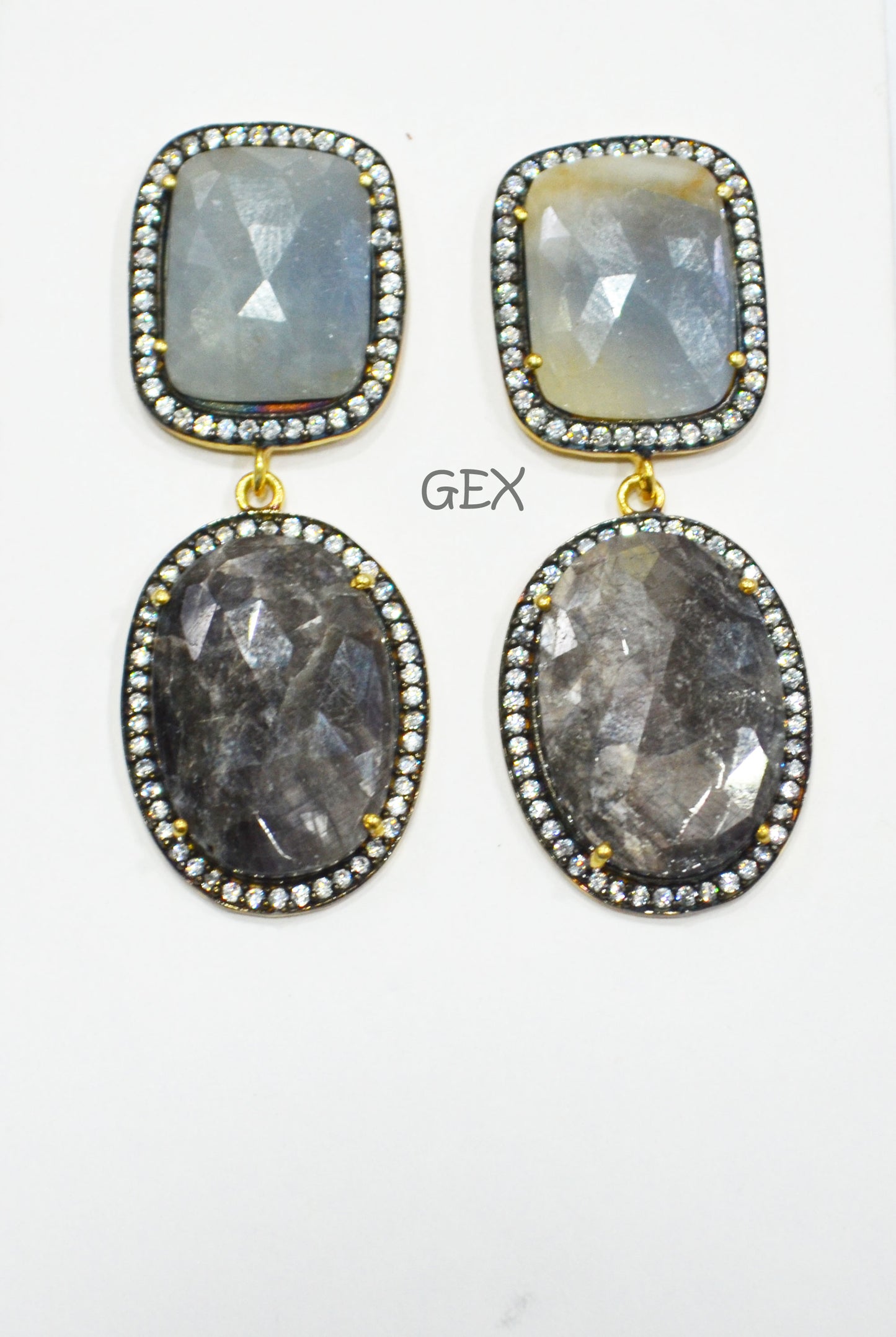 92.5 Sterling Silver Shaded Blue And Shiny Black Sapphire Faceted Fancy Shape Earring , Shaded Blue And Shiny Black Sapphire With Pave Cubic Zirconia Earring , 50 mm , E-057