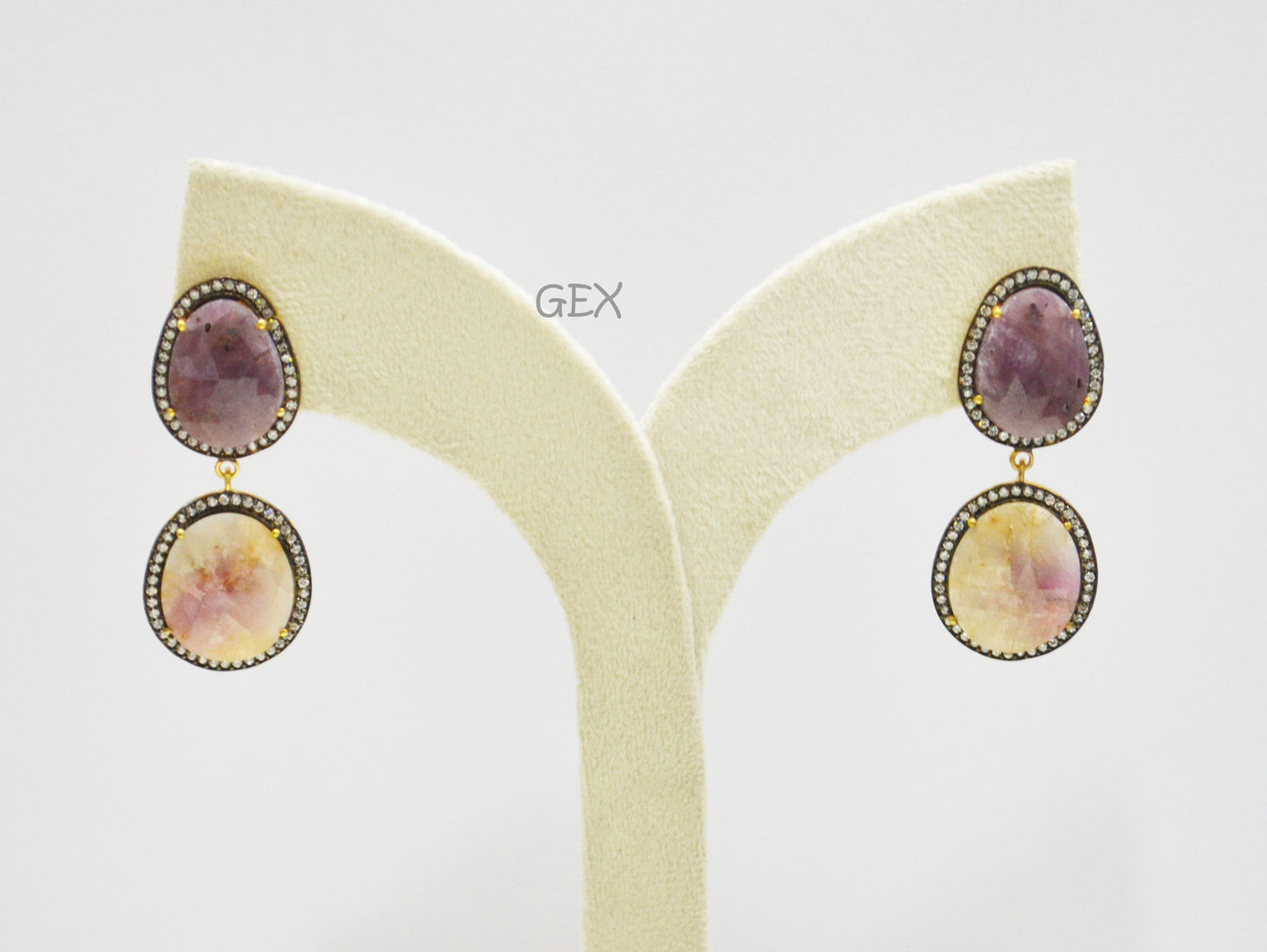 92.5 Sterling Silver Shaded White And Purple Sapphire Faceted Fancy Shape Earring , Shaded White And Purple Sapphire With Pave Cubic Zirconia Earring , 50 mm , E-058
