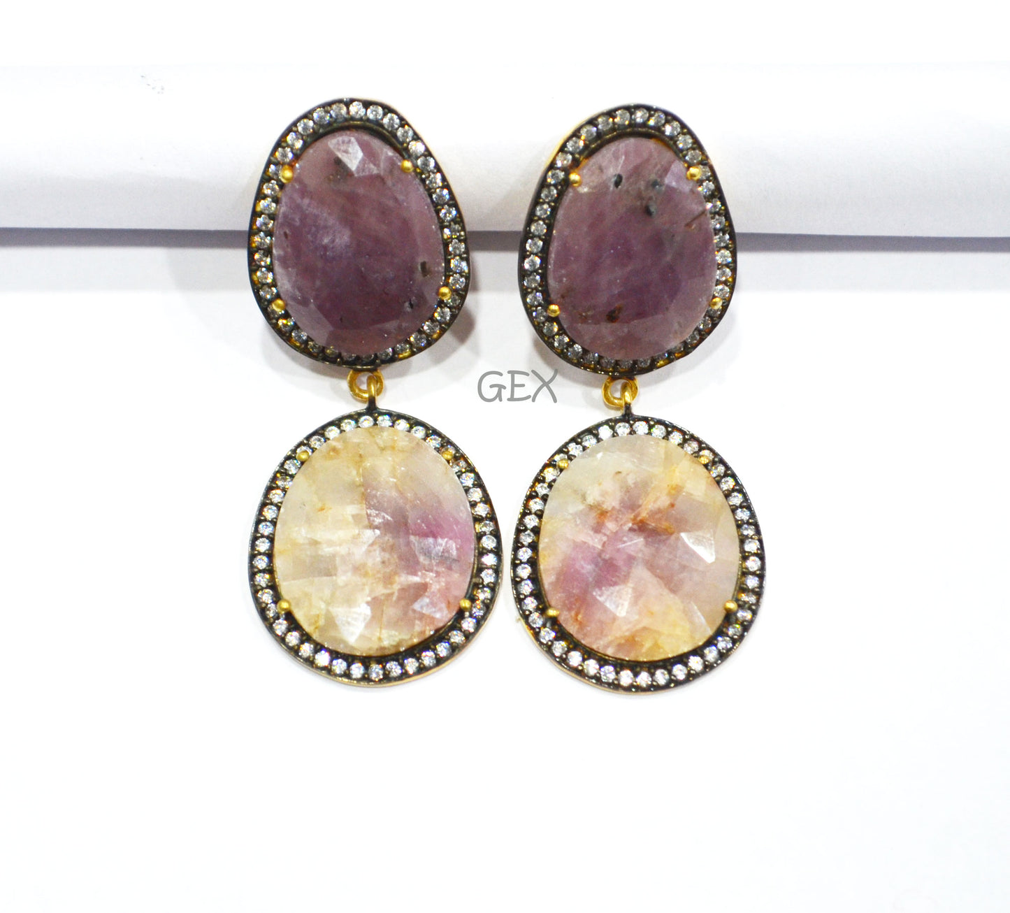 92.5 Sterling Silver Shaded White And Purple Sapphire Faceted Fancy Shape Earring , Shaded White And Purple Sapphire With Pave Cubic Zirconia Earring , 50 mm , E-058