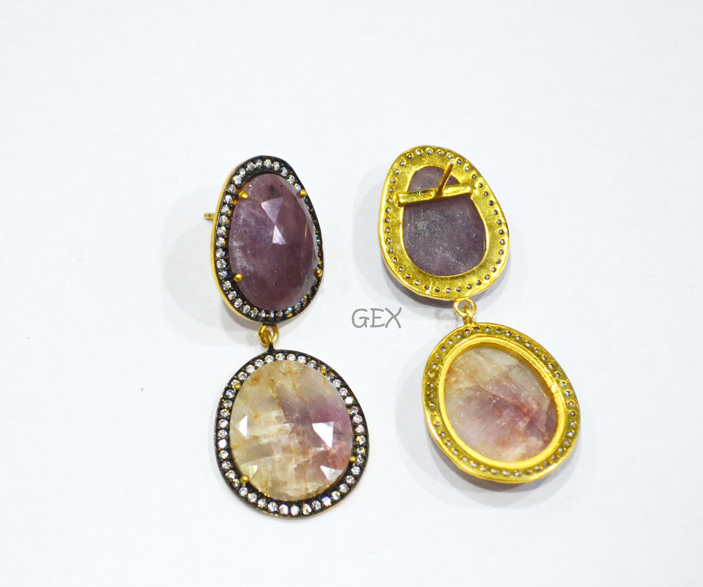 92.5 Sterling Silver Shaded White And Purple Sapphire Faceted Fancy Shape Earring , Shaded White And Purple Sapphire With Pave Cubic Zirconia Earring , 50 mm , E-058