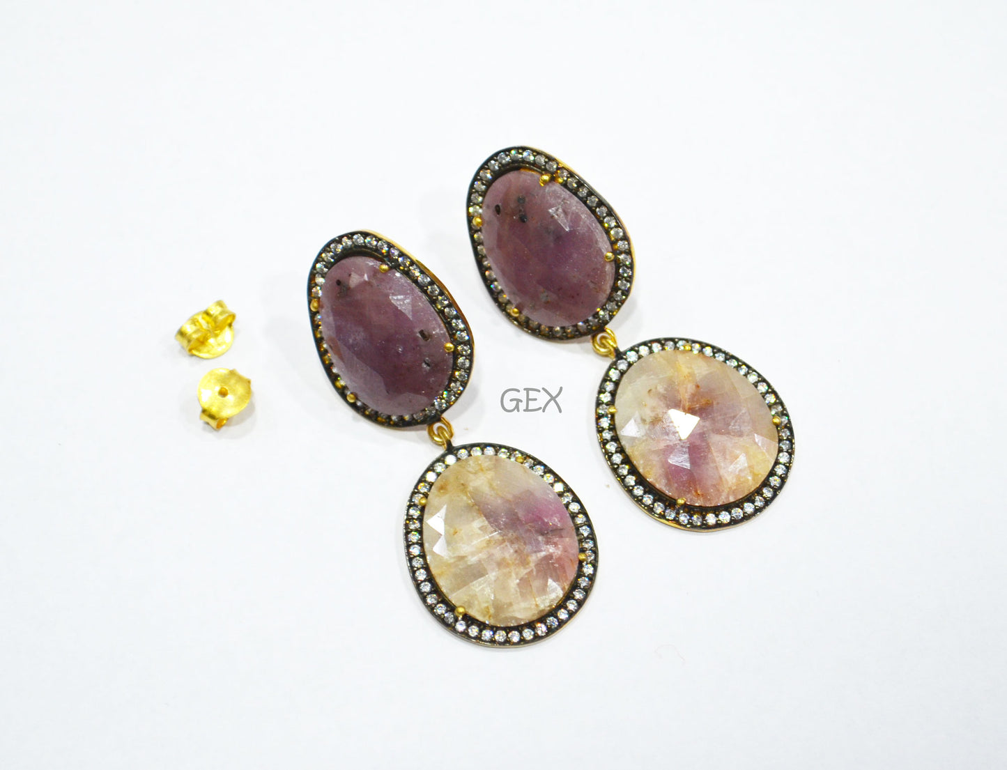 92.5 Sterling Silver Shaded White And Purple Sapphire Faceted Fancy Shape Earring , Shaded White And Purple Sapphire With Pave Cubic Zirconia Earring , 50 mm , E-058