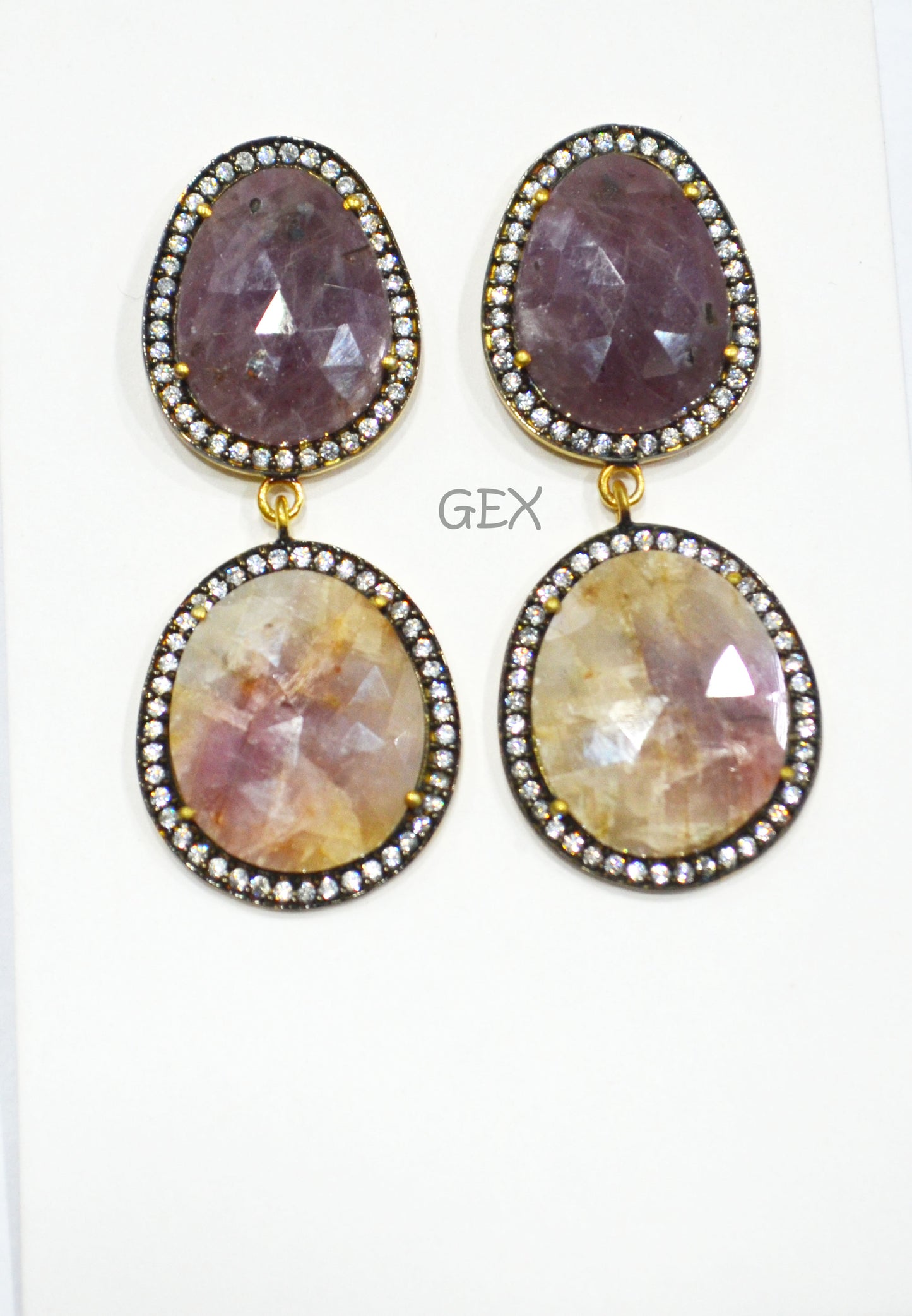 92.5 Sterling Silver Shaded White And Purple Sapphire Faceted Fancy Shape Earring , Shaded White And Purple Sapphire With Pave Cubic Zirconia Earring , 50 mm , E-058