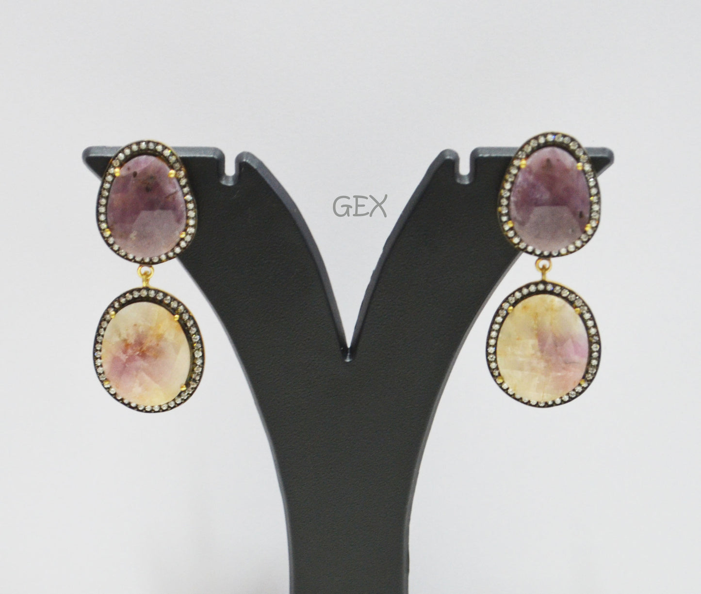 92.5 Sterling Silver Shaded White And Purple Sapphire Faceted Fancy Shape Earring , Shaded White And Purple Sapphire With Pave Cubic Zirconia Earring , 50 mm , E-058