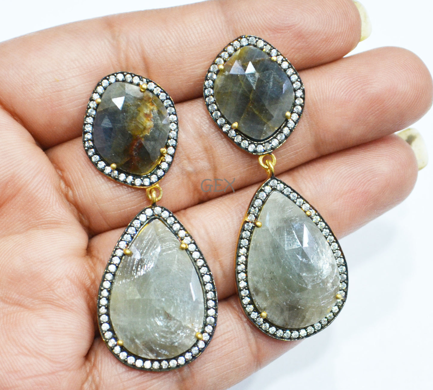 92.5 Sterling Silver Shaded Black And Gray Sapphire Faceted Fancy Shape Earring , Shaded Black And Gray Sapphire With Pave Cubic Zirconia Earring , 57 mm , E-059