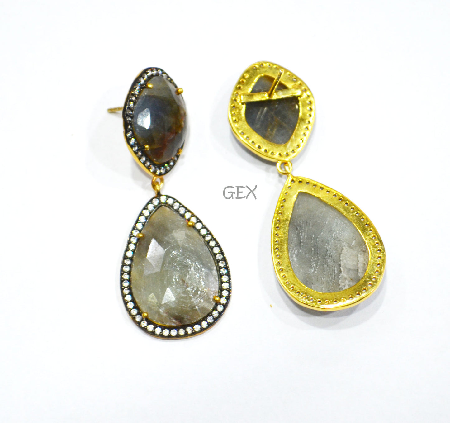 92.5 Sterling Silver Shaded Black And Gray Sapphire Faceted Fancy Shape Earring , Shaded Black And Gray Sapphire With Pave Cubic Zirconia Earring , 57 mm , E-059