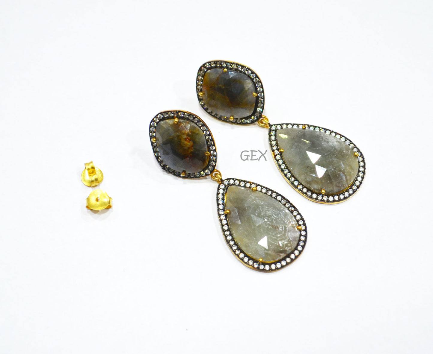 92.5 Sterling Silver Shaded Black And Gray Sapphire Faceted Fancy Shape Earring , Shaded Black And Gray Sapphire With Pave Cubic Zirconia Earring , 57 mm , E-059
