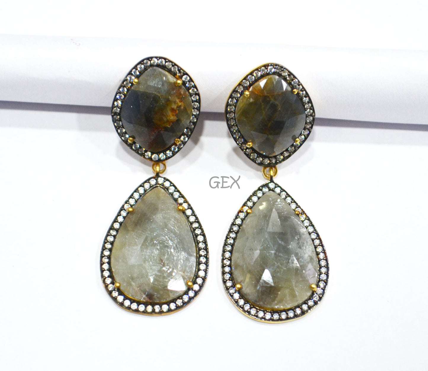 92.5 Sterling Silver Shaded Black And Gray Sapphire Faceted Fancy Shape Earring , Shaded Black And Gray Sapphire With Pave Cubic Zirconia Earring , 57 mm , E-059