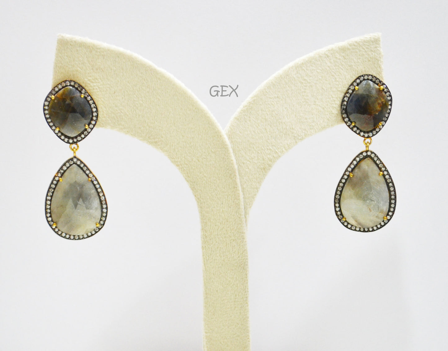 92.5 Sterling Silver Shaded Black And Gray Sapphire Faceted Fancy Shape Earring , Shaded Black And Gray Sapphire With Pave Cubic Zirconia Earring , 57 mm , E-059
