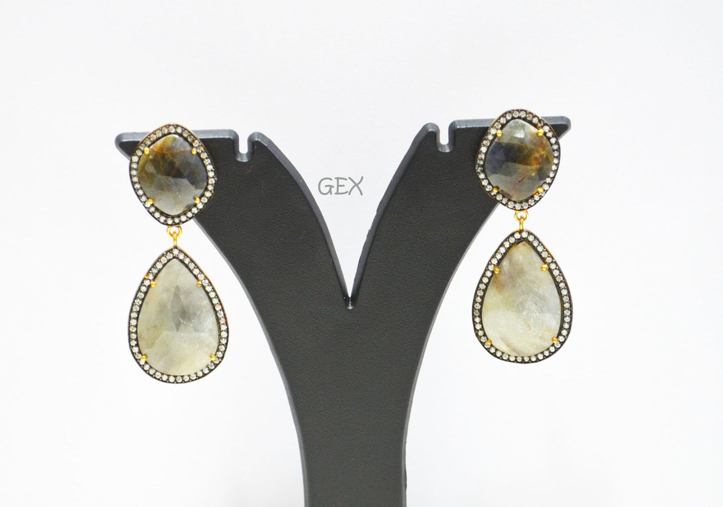 92.5 Sterling Silver Shaded Black And Gray Sapphire Faceted Fancy Shape Earring , Shaded Black And Gray Sapphire With Pave Cubic Zirconia Earring , 57 mm , E-059