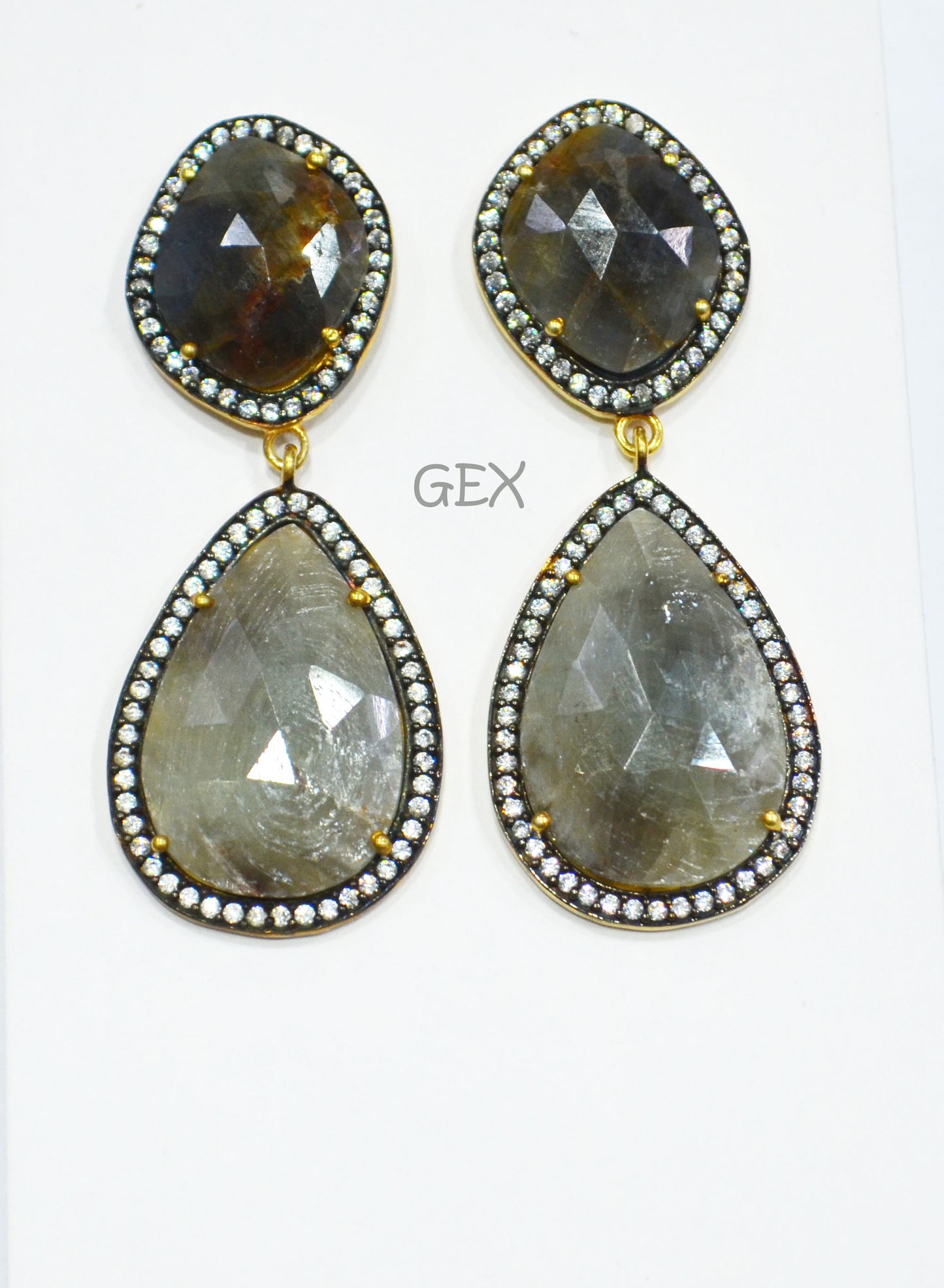 92.5 Sterling Silver Shaded Black And Gray Sapphire Faceted Fancy Shape Earring , Shaded Black And Gray Sapphire With Pave Cubic Zirconia Earring , 57 mm , E-059