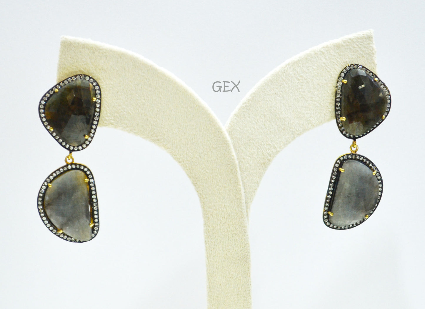 92.5 Sterling Silver Black Sapphire Faceted Fancy Shape Earring , Shiny Black Sapphire With Pave Cubic Zirconia Earring , 58 mm , E-060