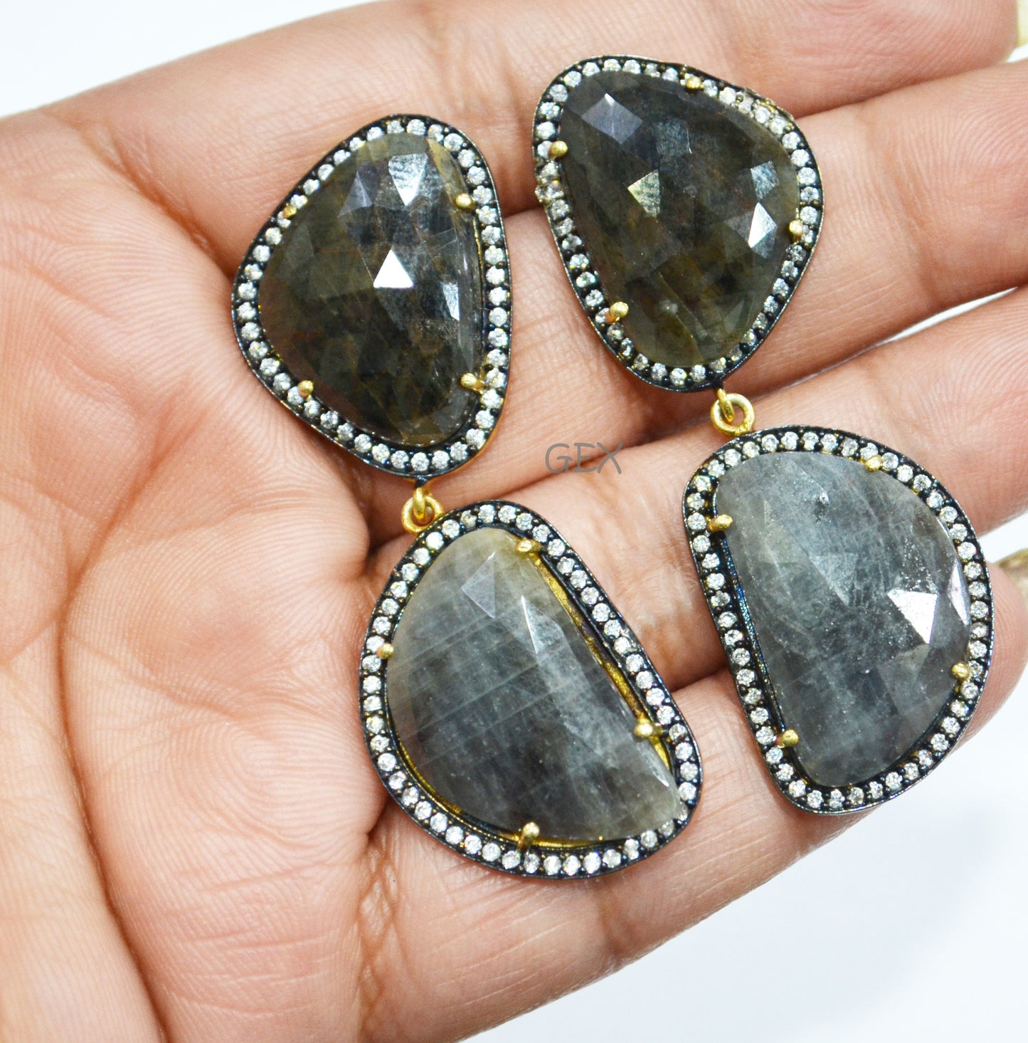 92.5 Sterling Silver Black Sapphire Faceted Fancy Shape Earring , Shiny Black Sapphire With Pave Cubic Zirconia Earring , 58 mm , E-060