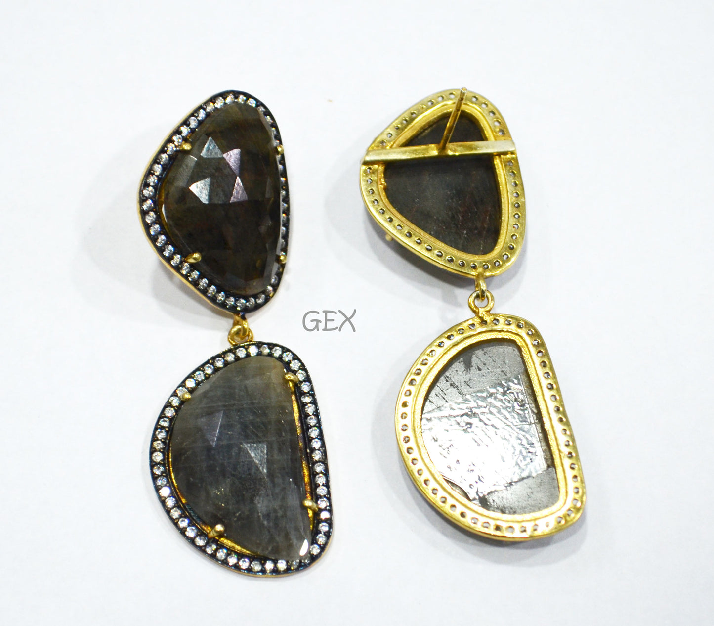 92.5 Sterling Silver Black Sapphire Faceted Fancy Shape Earring , Shiny Black Sapphire With Pave Cubic Zirconia Earring , 58 mm , E-060