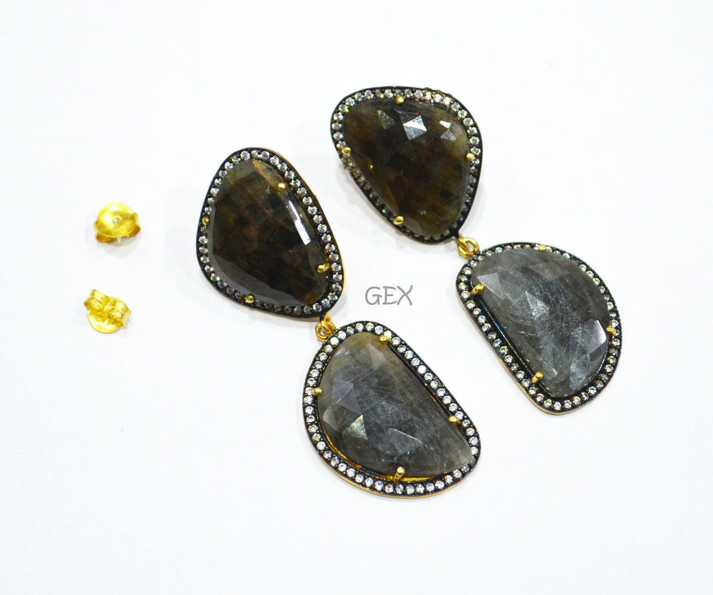 92.5 Sterling Silver Black Sapphire Faceted Fancy Shape Earring , Shiny Black Sapphire With Pave Cubic Zirconia Earring , 58 mm , E-060