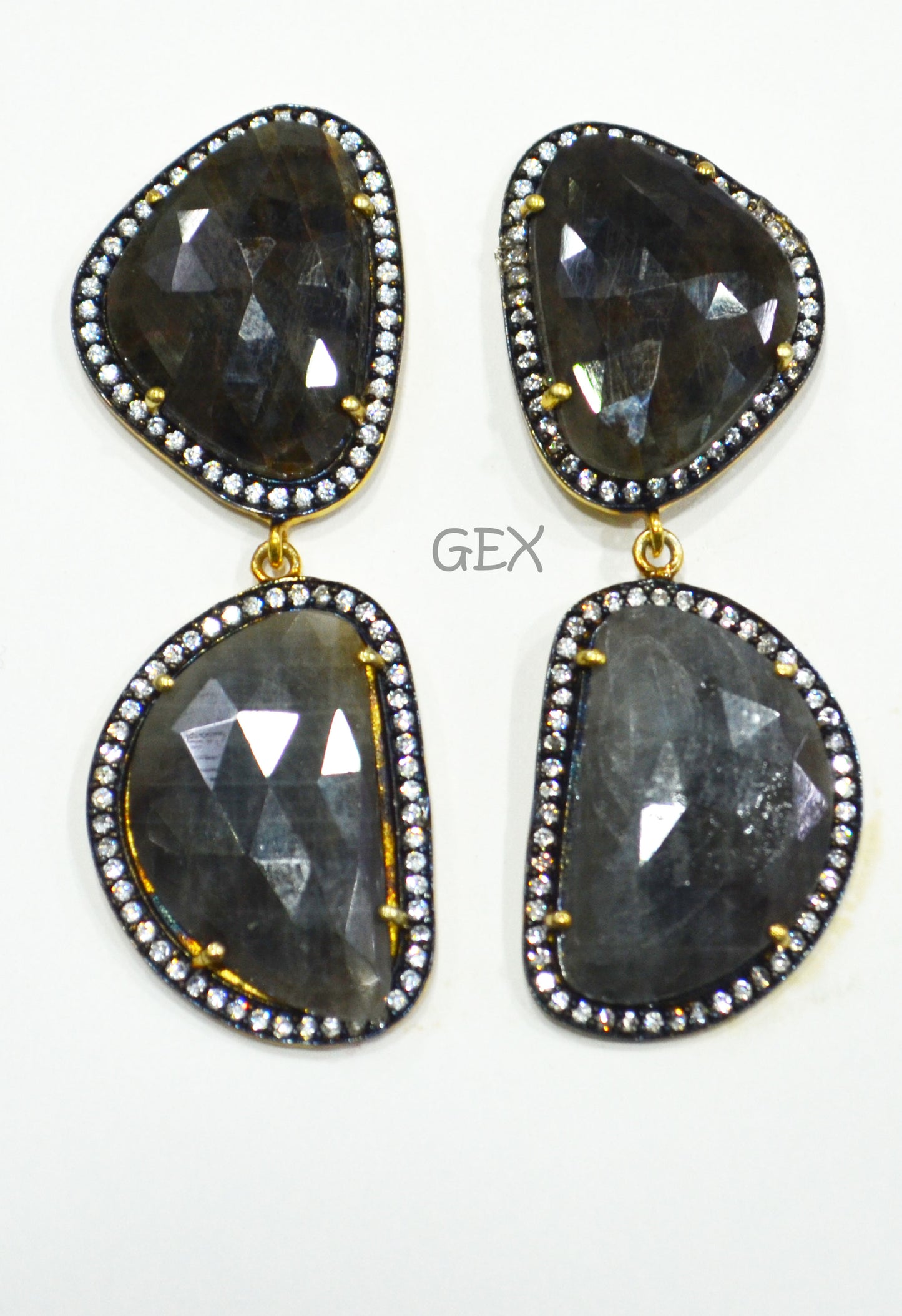 92.5 Sterling Silver Black Sapphire Faceted Fancy Shape Earring , Shiny Black Sapphire With Pave Cubic Zirconia Earring , 58 mm , E-060