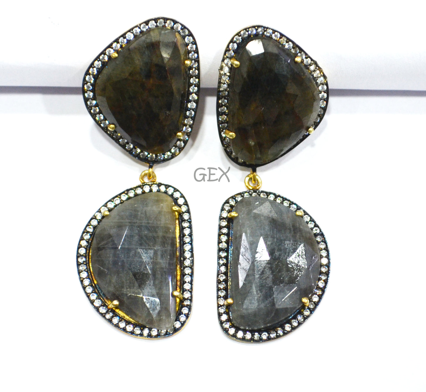 92.5 Sterling Silver Black Sapphire Faceted Fancy Shape Earring , Shiny Black Sapphire With Pave Cubic Zirconia Earring , 58 mm , E-060