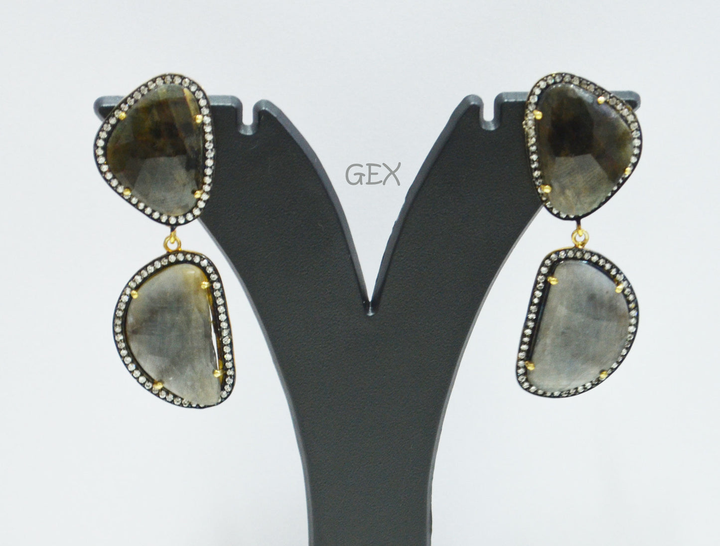 92.5 Sterling Silver Black Sapphire Faceted Fancy Shape Earring , Shiny Black Sapphire With Pave Cubic Zirconia Earring , 58 mm , E-060