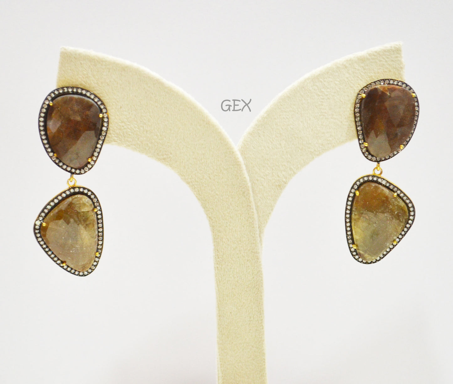 92.5 Sterling Silver Shaded Brown Sapphire Faceted Fancy Shape Earring , Shaded Brown Sapphire With Pave Cubic Zirconia Earring , 60 mm , E-061