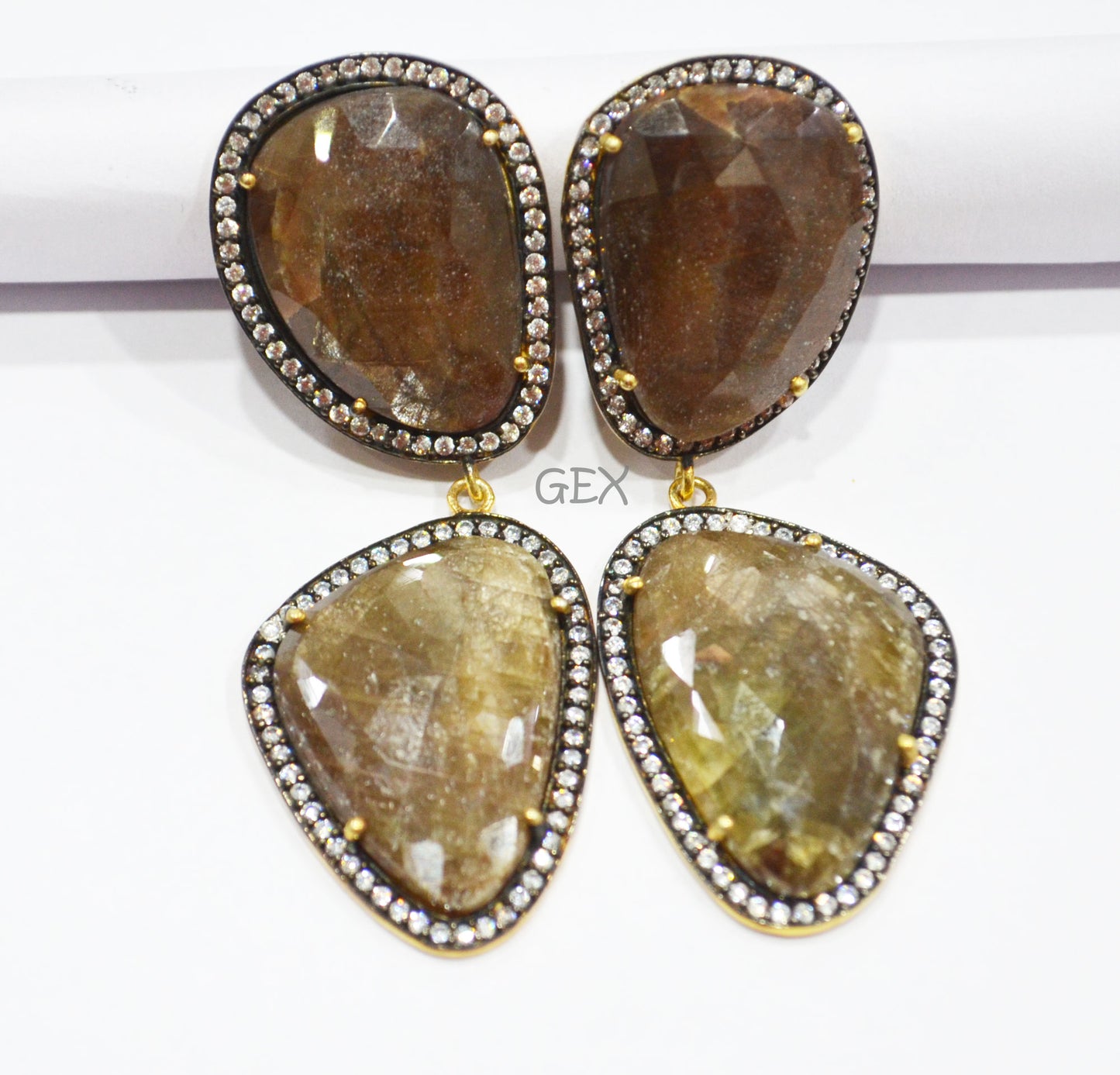 92.5 Sterling Silver Shaded Brown Sapphire Faceted Fancy Shape Earring , Shaded Brown Sapphire With Pave Cubic Zirconia Earring , 60 mm , E-061