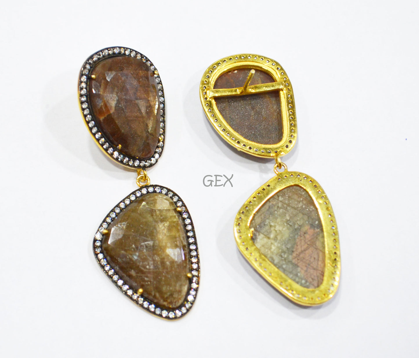 92.5 Sterling Silver Shaded Brown Sapphire Faceted Fancy Shape Earring , Shaded Brown Sapphire With Pave Cubic Zirconia Earring , 60 mm , E-061