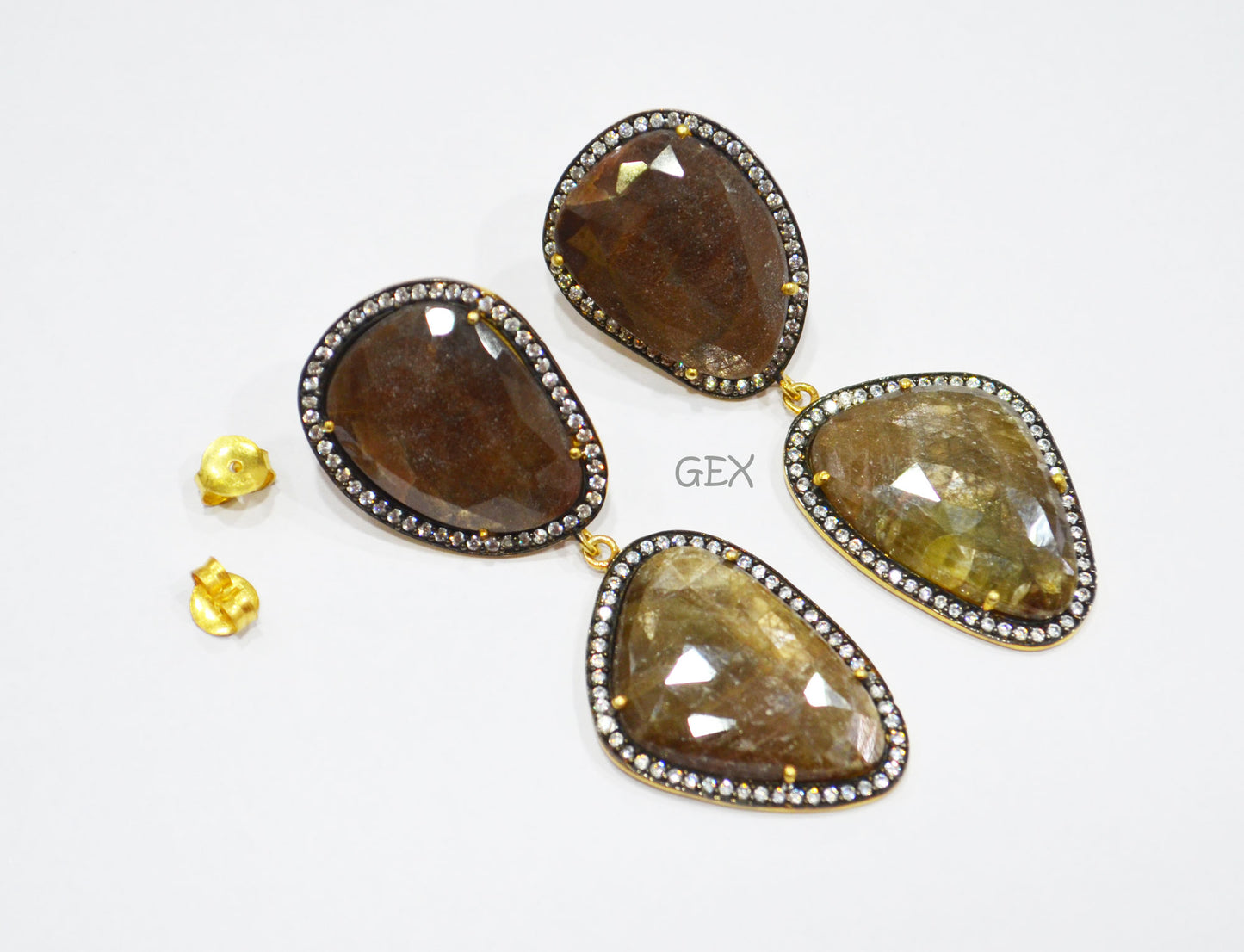 92.5 Sterling Silver Shaded Brown Sapphire Faceted Fancy Shape Earring , Shaded Brown Sapphire With Pave Cubic Zirconia Earring , 60 mm , E-061
