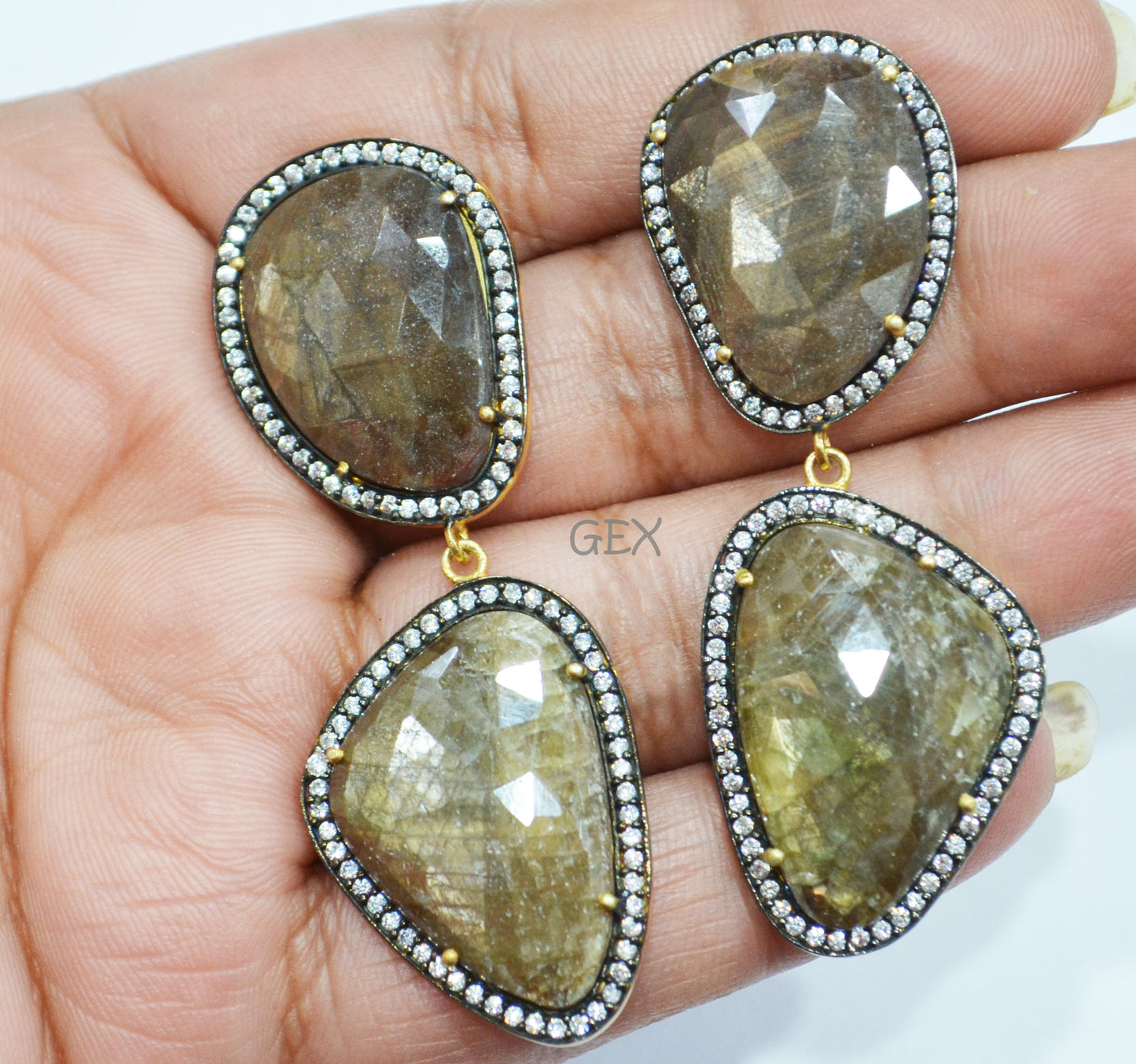 92.5 Sterling Silver Shaded Brown Sapphire Faceted Fancy Shape Earring , Shaded Brown Sapphire With Pave Cubic Zirconia Earring , 60 mm , E-061
