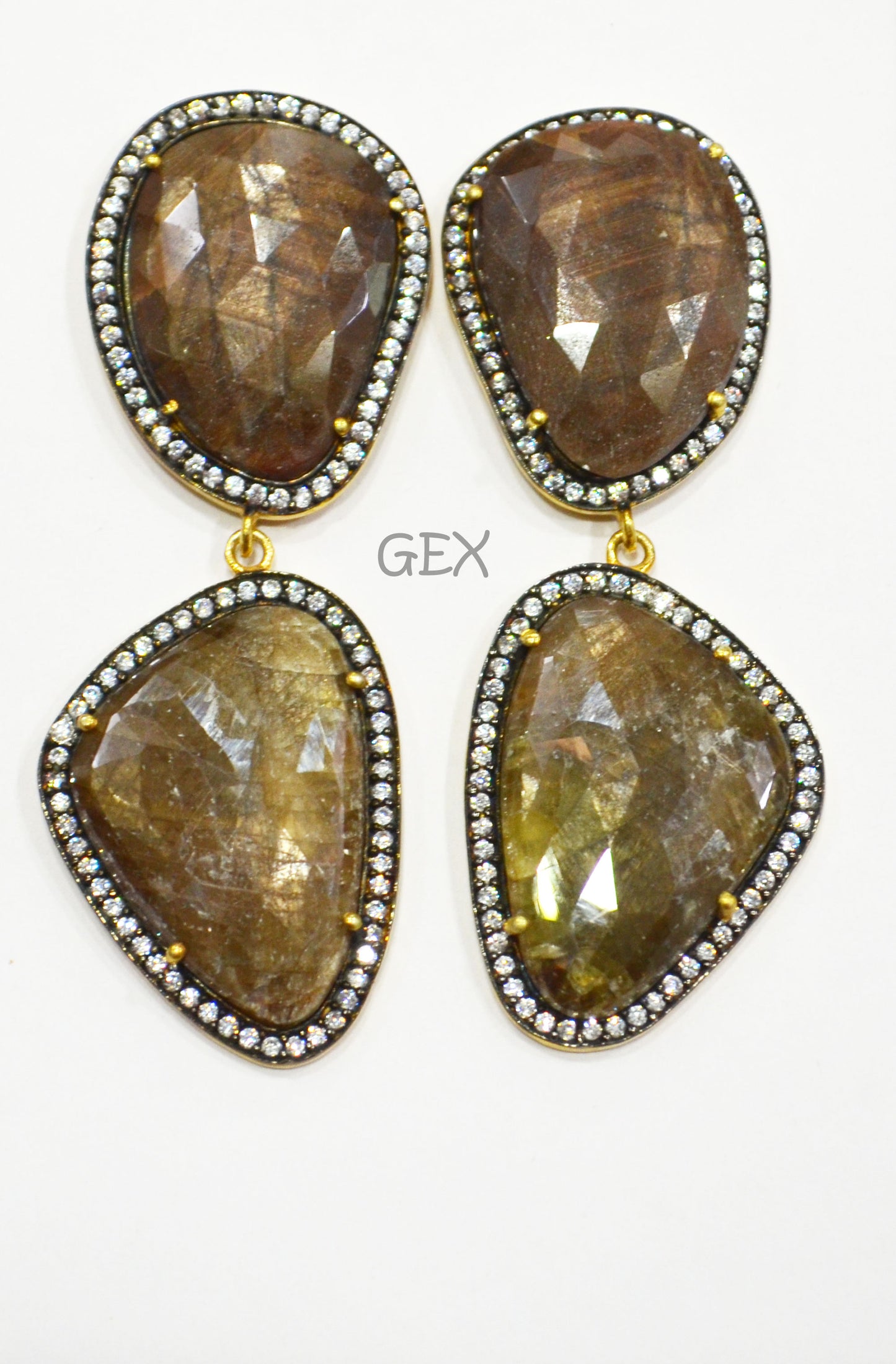 92.5 Sterling Silver Shaded Brown Sapphire Faceted Fancy Shape Earring , Shaded Brown Sapphire With Pave Cubic Zirconia Earring , 60 mm , E-061