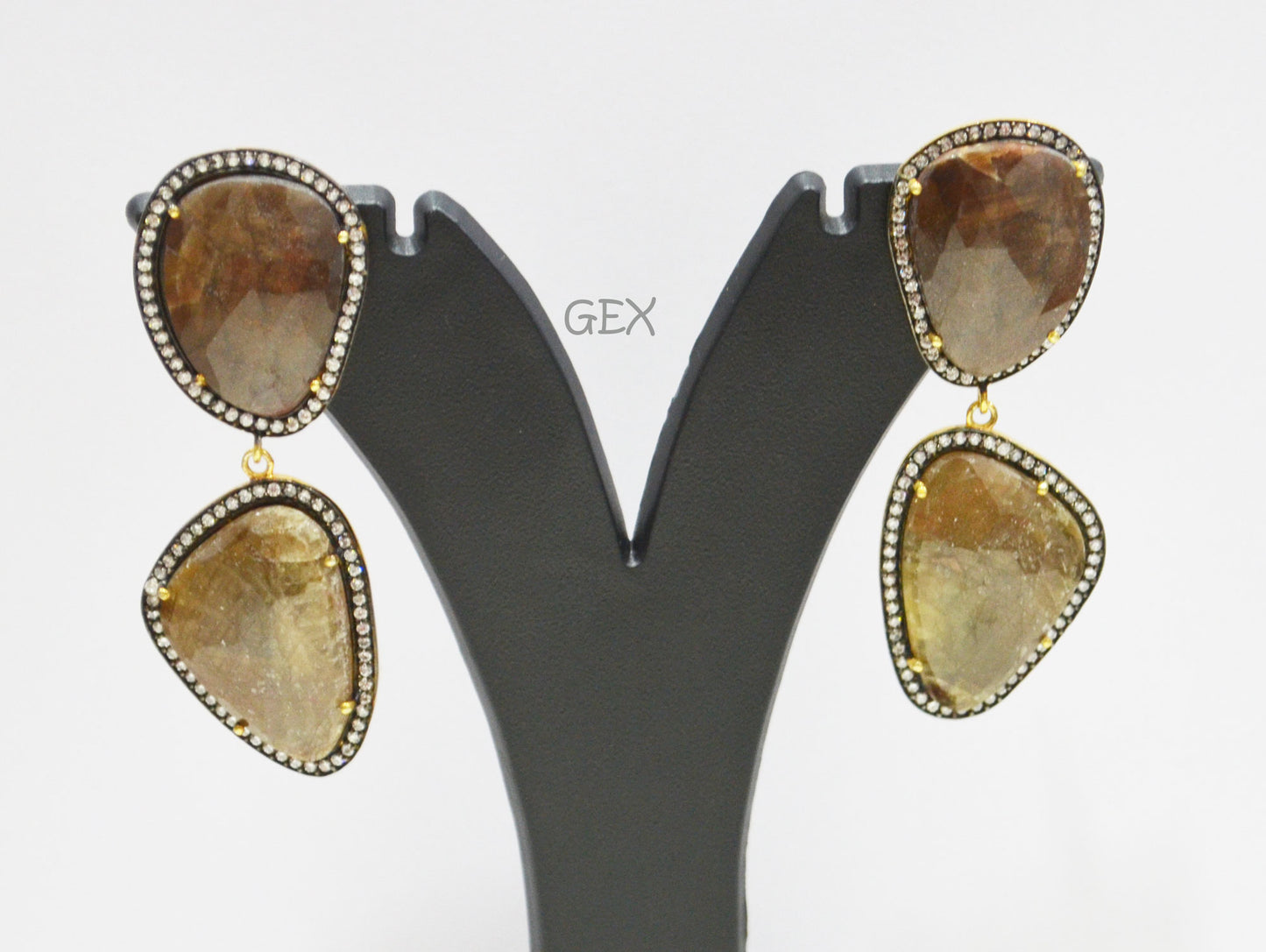 92.5 Sterling Silver Shaded Brown Sapphire Faceted Fancy Shape Earring , Shaded Brown Sapphire With Pave Cubic Zirconia Earring , 60 mm , E-061