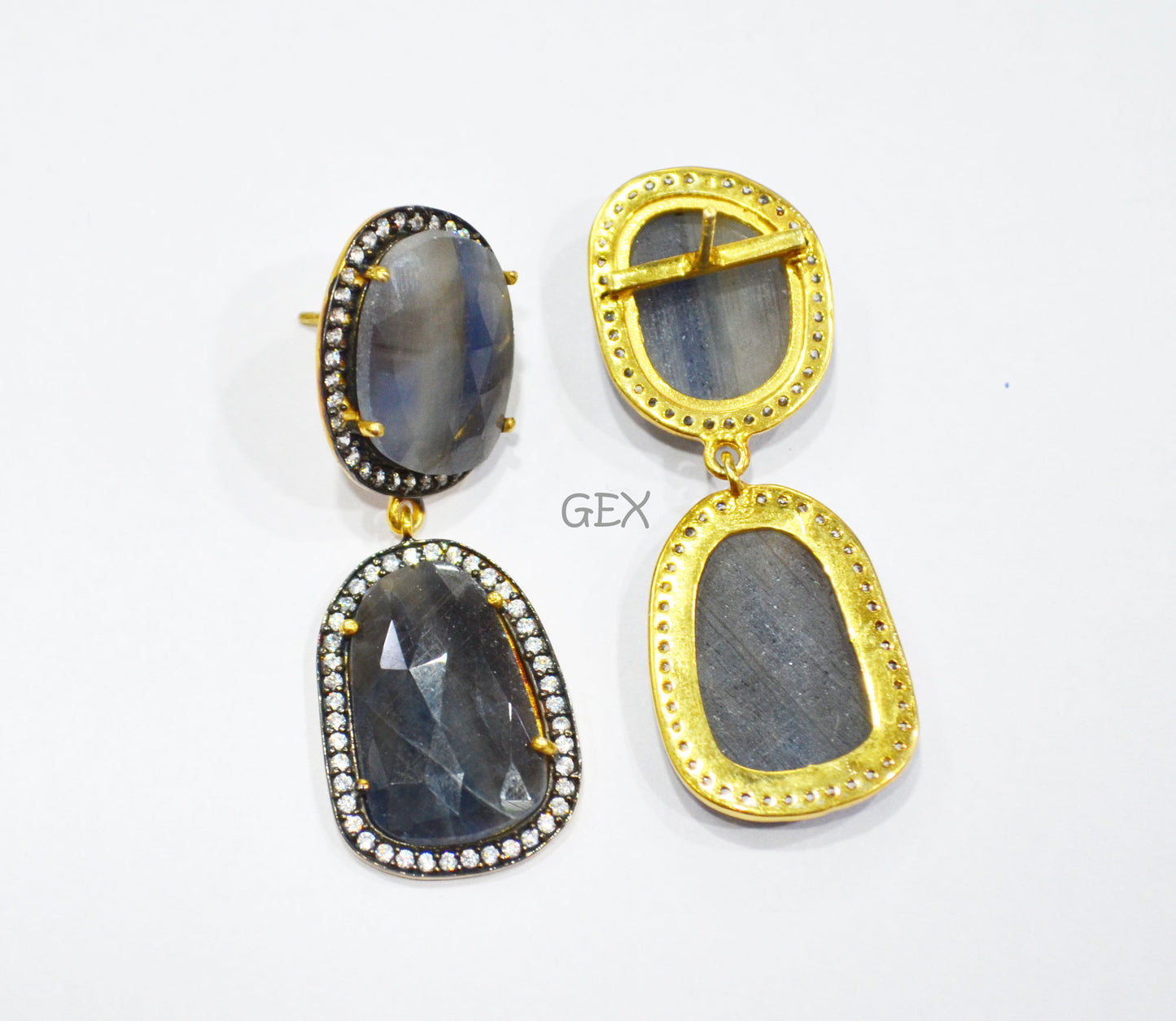 92.5 Sterling Silver Shaded Blue And Black Sapphire Faceted Fancy Shape Earring , Shaded Blue And Black Sapphire With Pave Cubic Zirconia Earring , 48 mm , E-062