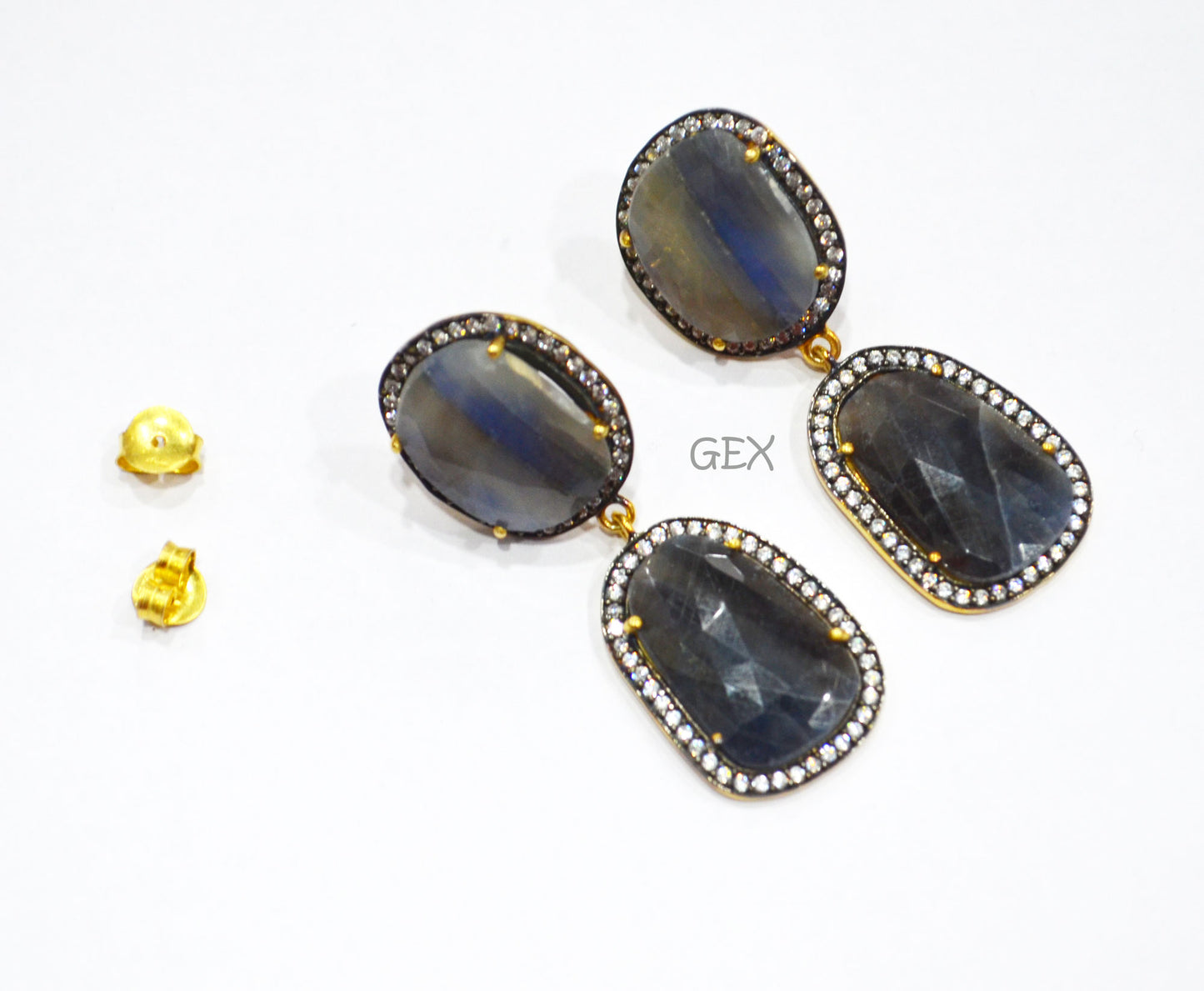 92.5 Sterling Silver Shaded Blue And Black Sapphire Faceted Fancy Shape Earring , Shaded Blue And Black Sapphire With Pave Cubic Zirconia Earring , 48 mm , E-062