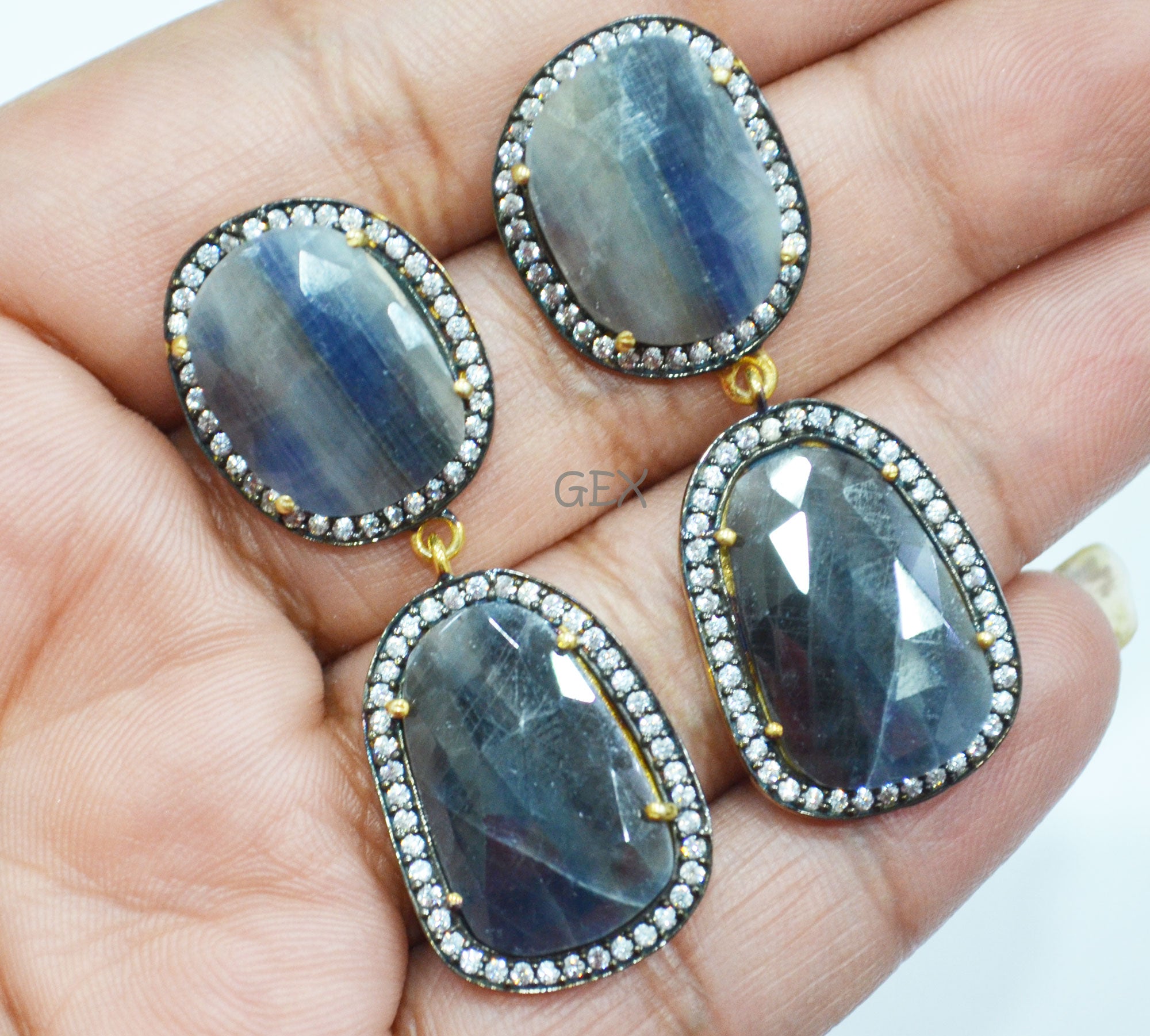 92.5 Sterling Silver Shaded Blue And Black Sapphire Faceted Fancy Shape Earring , Shaded Blue And Black Sapphire With Pave Cubic Zirconia Earring , 48 mm , E-062