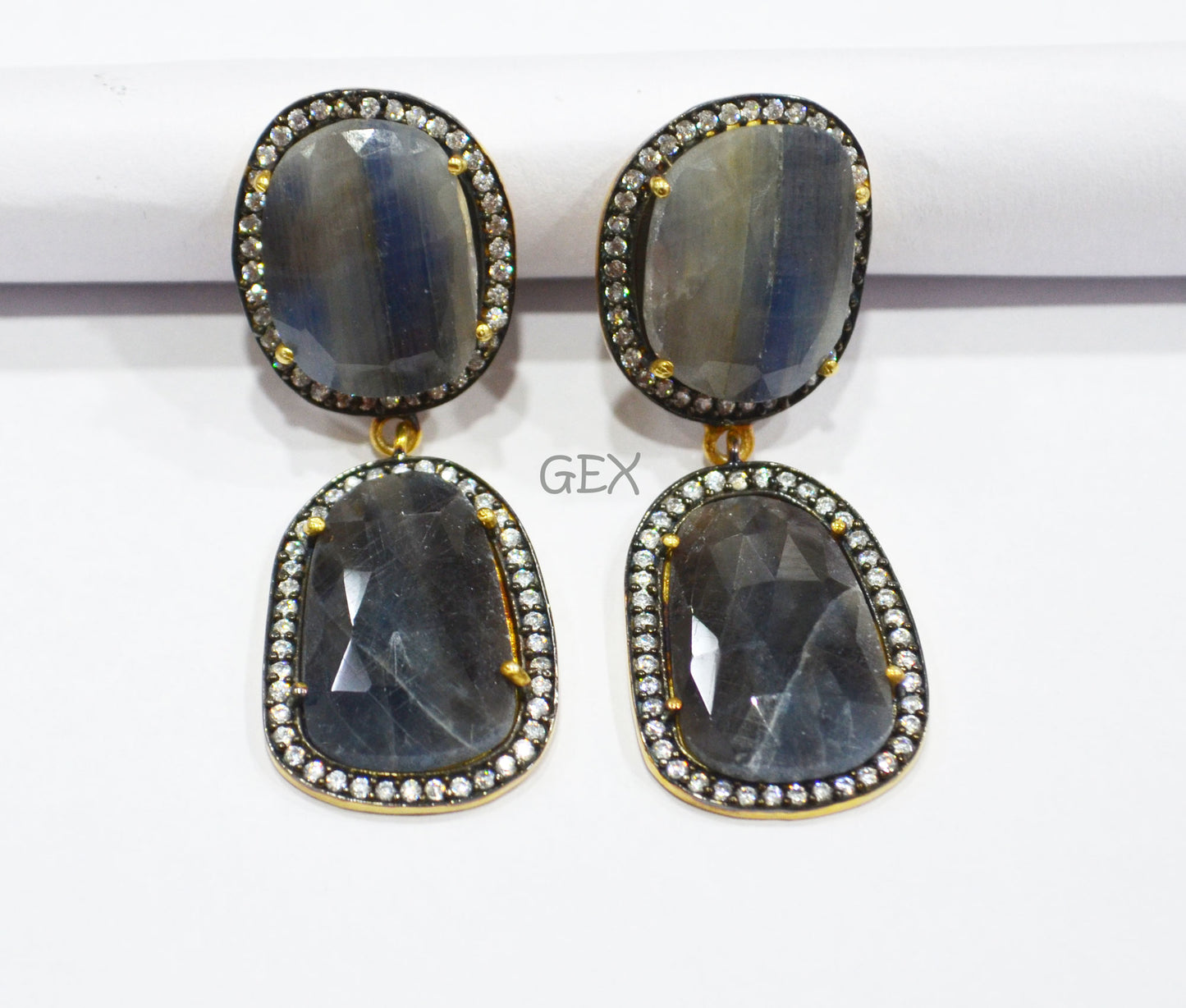 92.5 Sterling Silver Shaded Blue And Black Sapphire Faceted Fancy Shape Earring , Shaded Blue And Black Sapphire With Pave Cubic Zirconia Earring , 48 mm , E-062