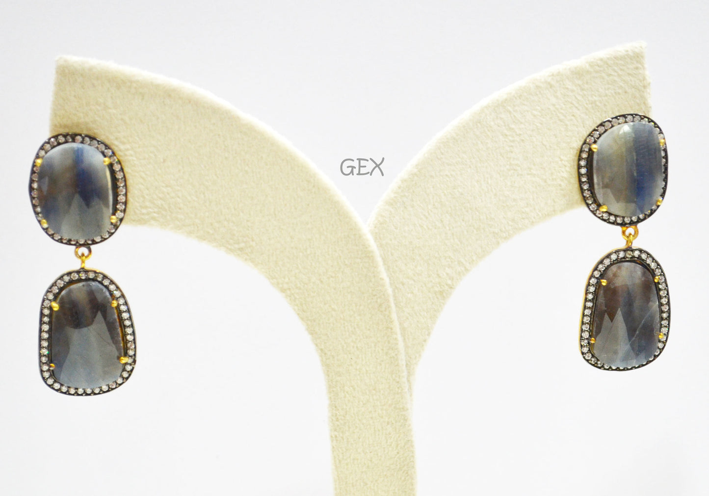 92.5 Sterling Silver Shaded Blue And Black Sapphire Faceted Fancy Shape Earring , Shaded Blue And Black Sapphire With Pave Cubic Zirconia Earring , 48 mm , E-062