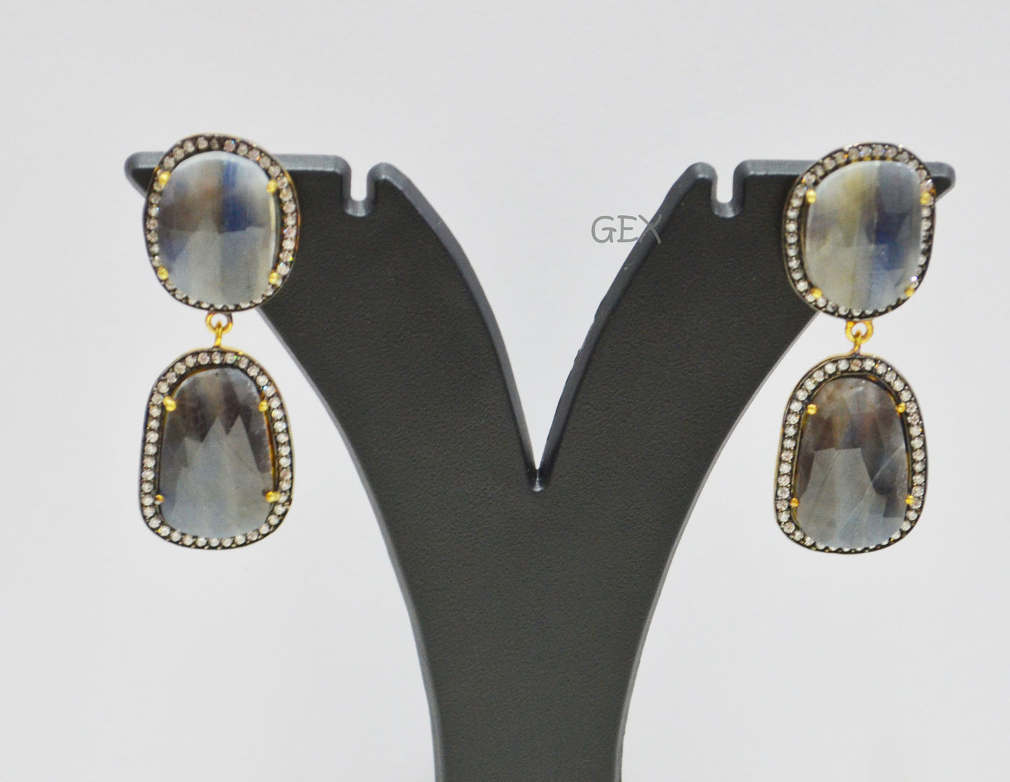 92.5 Sterling Silver Shaded Blue And Black Sapphire Faceted Fancy Shape Earring , Shaded Blue And Black Sapphire With Pave Cubic Zirconia Earring , 48 mm , E-062