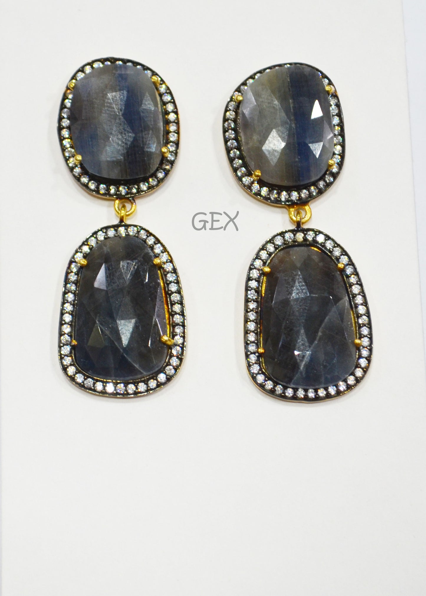 92.5 Sterling Silver Shaded Blue And Black Sapphire Faceted Fancy Shape Earring , Shaded Blue And Black Sapphire With Pave Cubic Zirconia Earring , 48 mm , E-062
