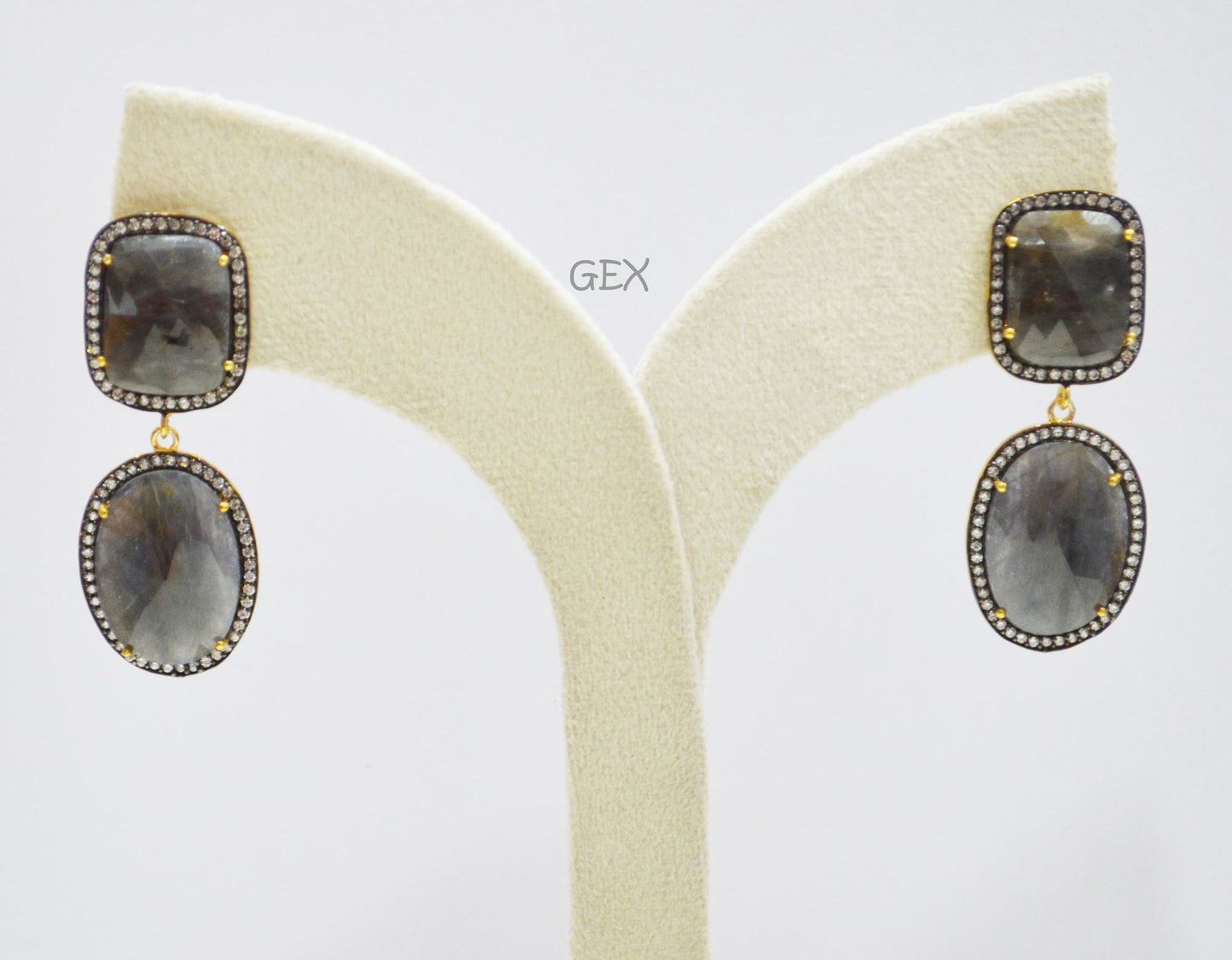 92.5 Sterling Silver Black Sapphire Faceted Fancy Shape Earring , Black Sapphire With Pave Cubic Zirconia Earring , 50 mm , E-063