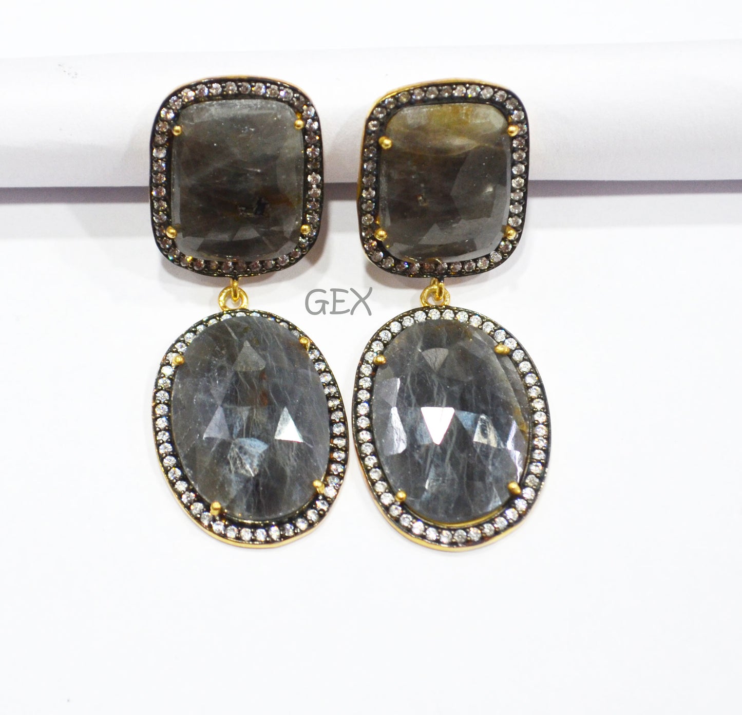 92.5 Sterling Silver Black Sapphire Faceted Fancy Shape Earring , Black Sapphire With Pave Cubic Zirconia Earring , 50 mm , E-063