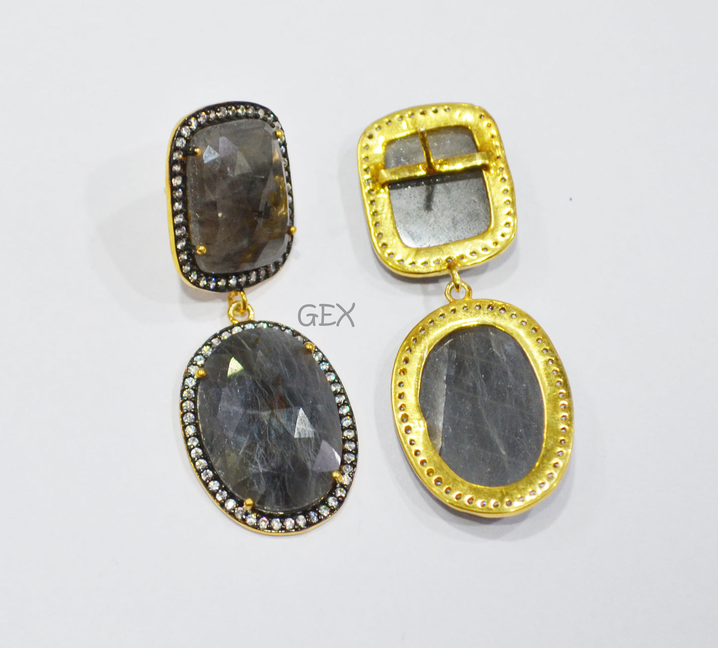 92.5 Sterling Silver Black Sapphire Faceted Fancy Shape Earring , Black Sapphire With Pave Cubic Zirconia Earring , 50 mm , E-063