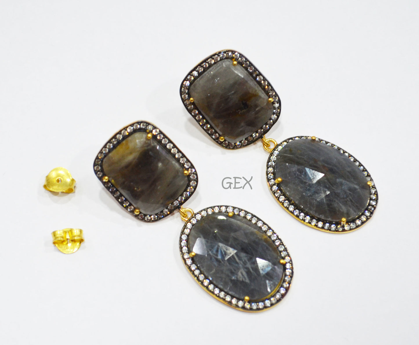 92.5 Sterling Silver Black Sapphire Faceted Fancy Shape Earring , Black Sapphire With Pave Cubic Zirconia Earring , 50 mm , E-063