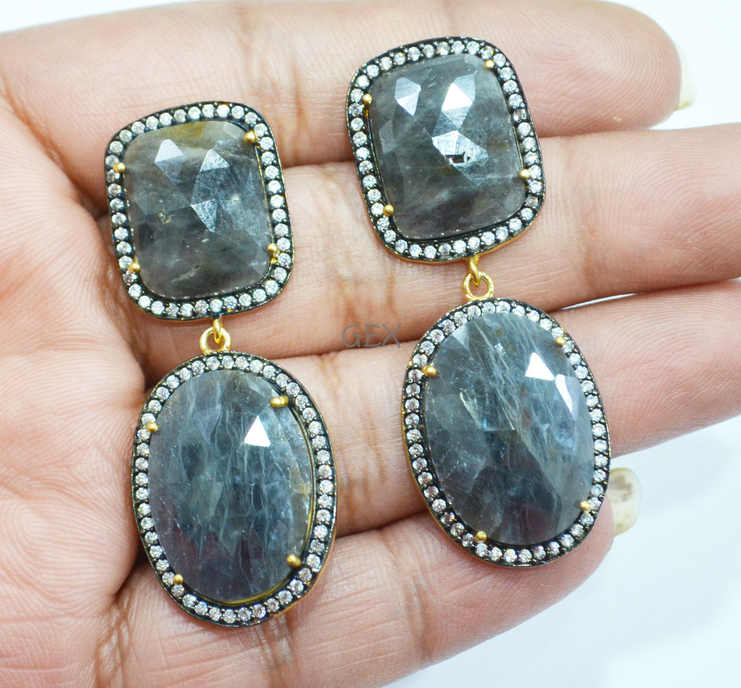 92.5 Sterling Silver Black Sapphire Faceted Fancy Shape Earring , Black Sapphire With Pave Cubic Zirconia Earring , 50 mm , E-063