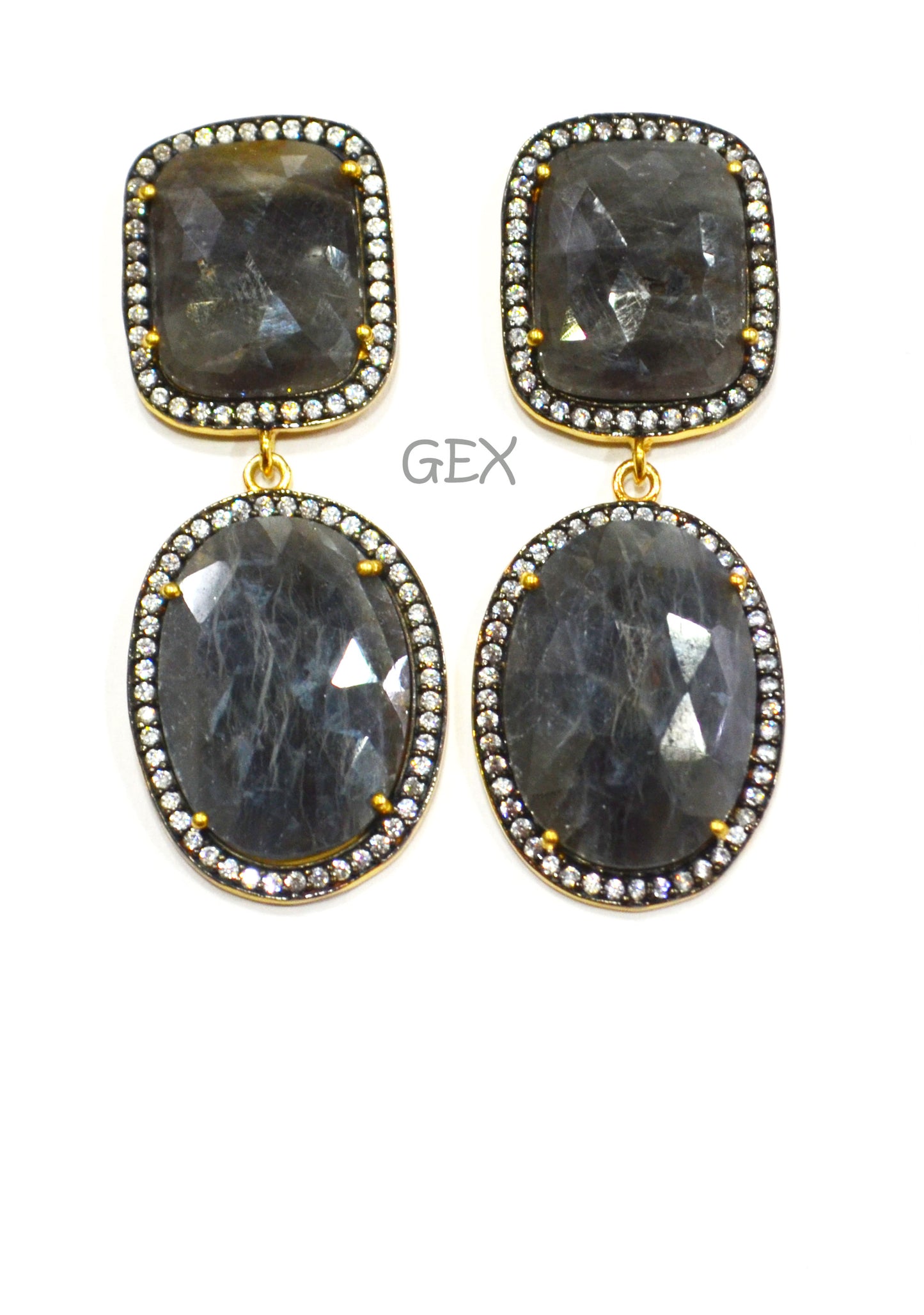 92.5 Sterling Silver Black Sapphire Faceted Fancy Shape Earring , Black Sapphire With Pave Cubic Zirconia Earring , 50 mm , E-063