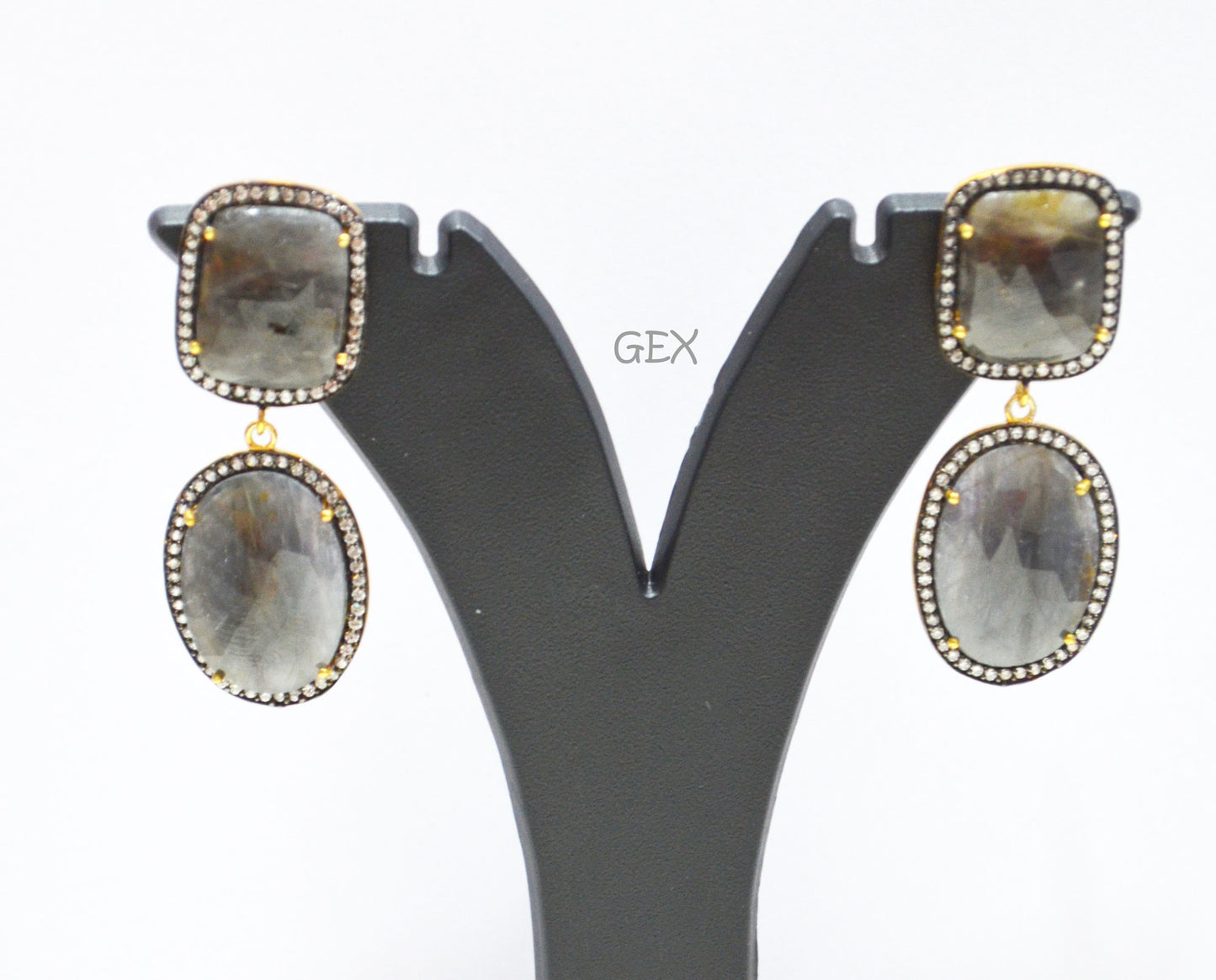 92.5 Sterling Silver Black Sapphire Faceted Fancy Shape Earring , Black Sapphire With Pave Cubic Zirconia Earring , 50 mm , E-063