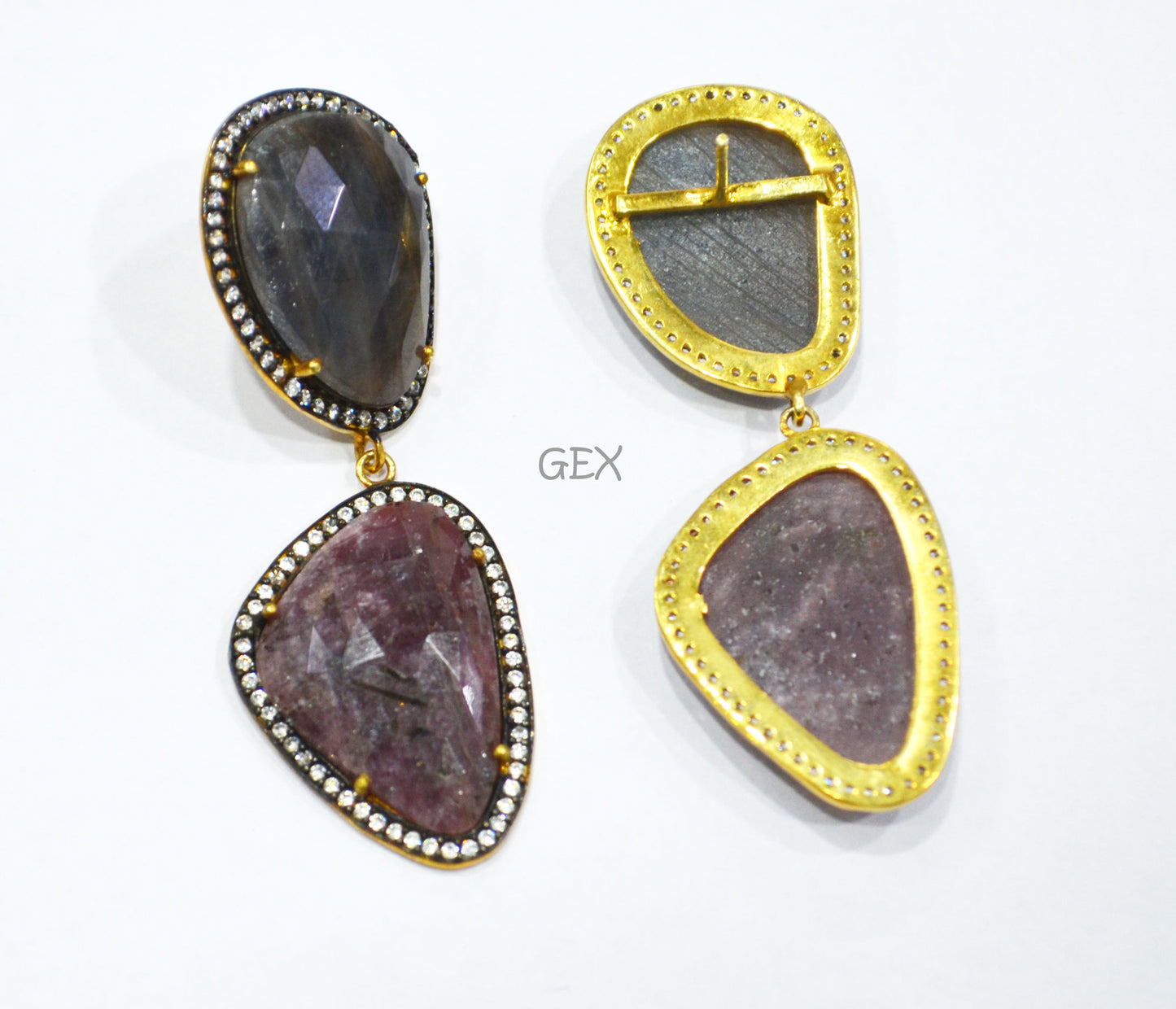 92.5 Sterling Silver Shaded Ruby And Black Sapphire Faceted Fancy Shape Earring , Shaded Ruby And Black Sapphire With Pave Cubic Zirconia Earring , 58 mm , E-064