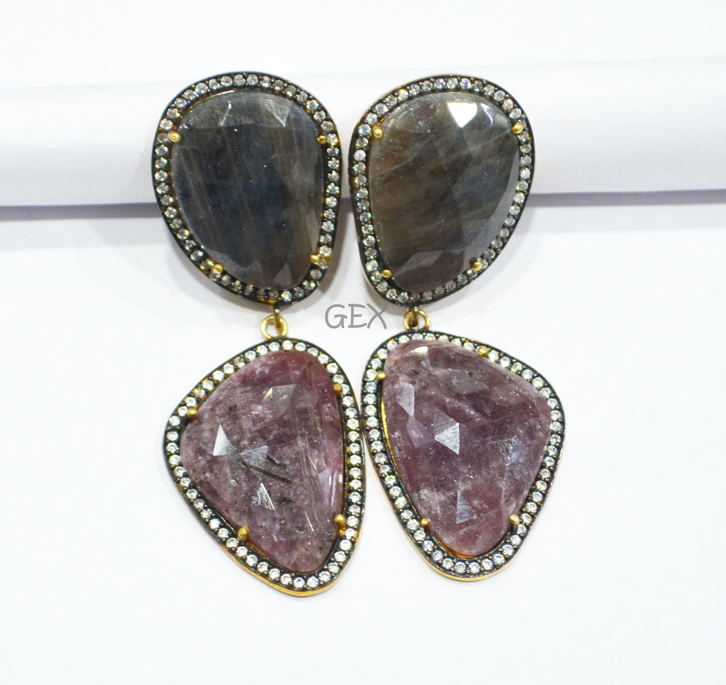 92.5 Sterling Silver Shaded Ruby And Black Sapphire Faceted Fancy Shape Earring , Shaded Ruby And Black Sapphire With Pave Cubic Zirconia Earring , 58 mm , E-064
