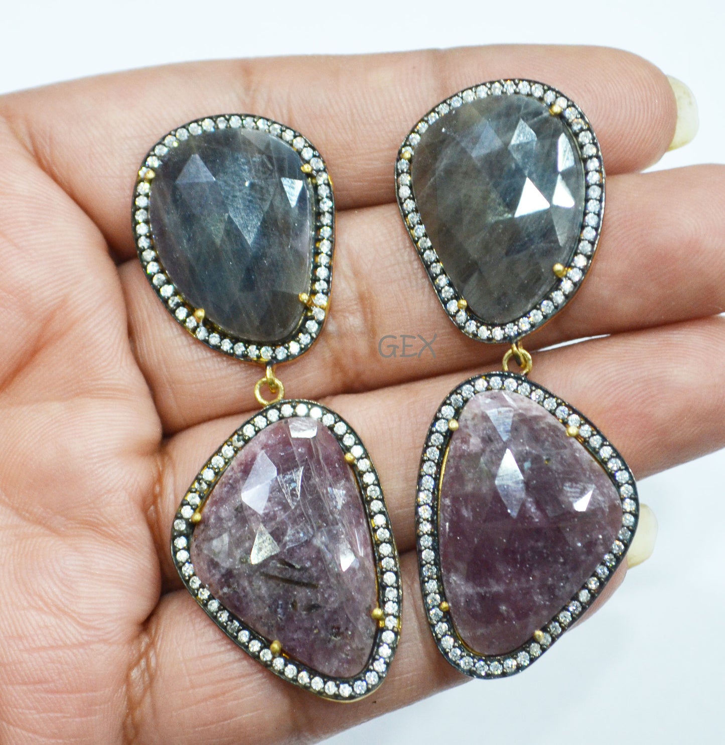 92.5 Sterling Silver Shaded Ruby And Black Sapphire Faceted Fancy Shape Earring , Shaded Ruby And Black Sapphire With Pave Cubic Zirconia Earring , 58 mm , E-064