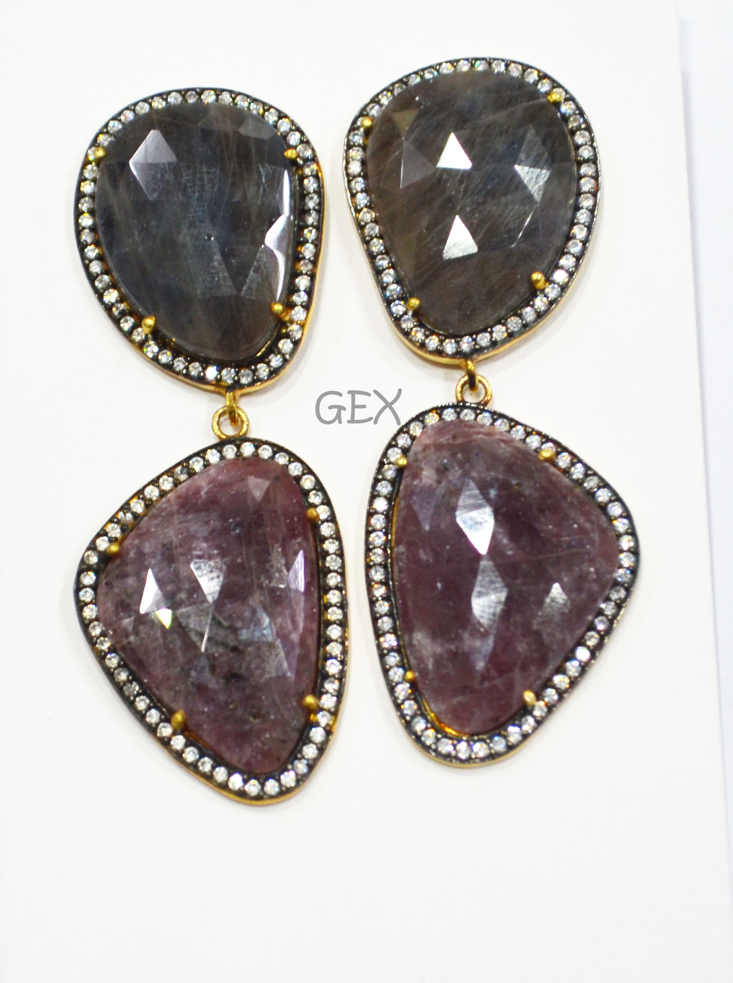 92.5 Sterling Silver Shaded Ruby And Black Sapphire Faceted Fancy Shape Earring , Shaded Ruby And Black Sapphire With Pave Cubic Zirconia Earring , 58 mm , E-064